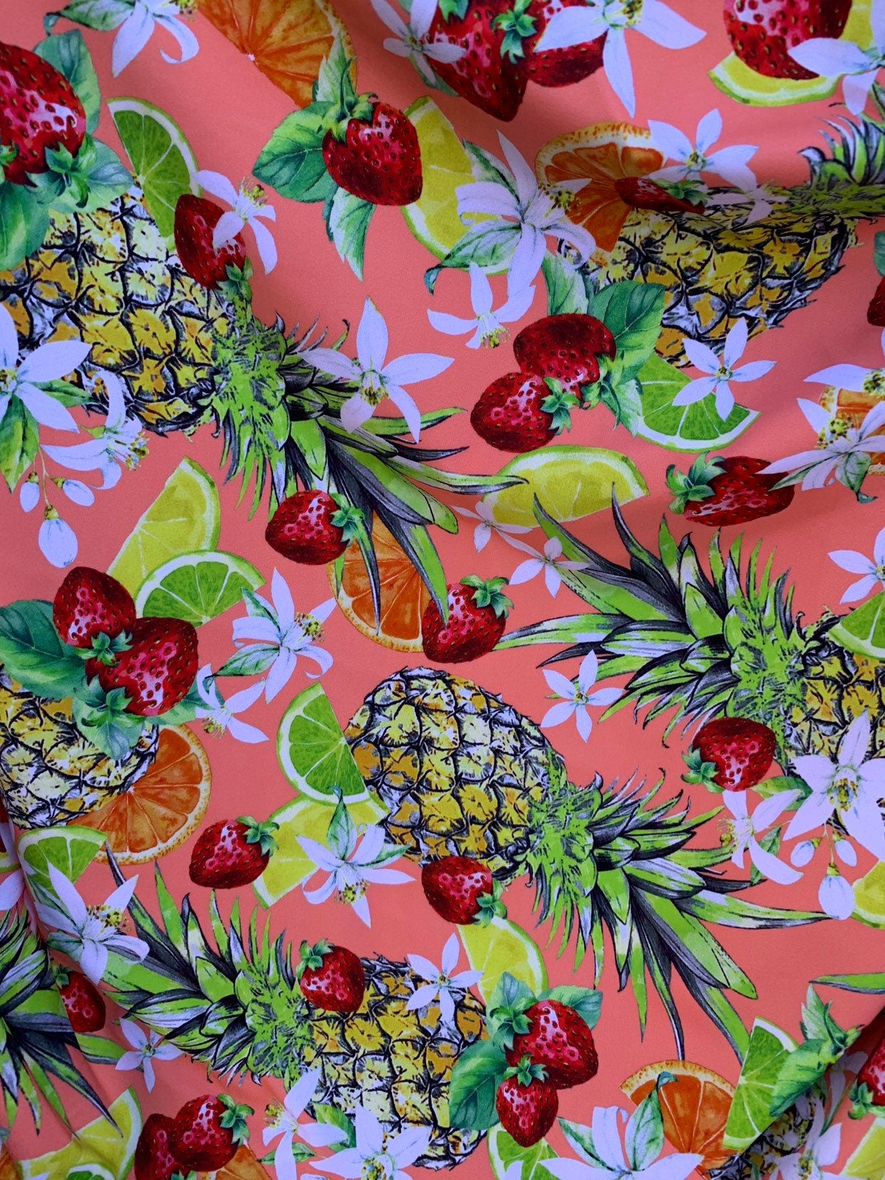 New multi fruits design print in heavy nylon spandex 4way stretch 58/60" Sold by the YD. Ships worldwide from Los Angeles California USA.