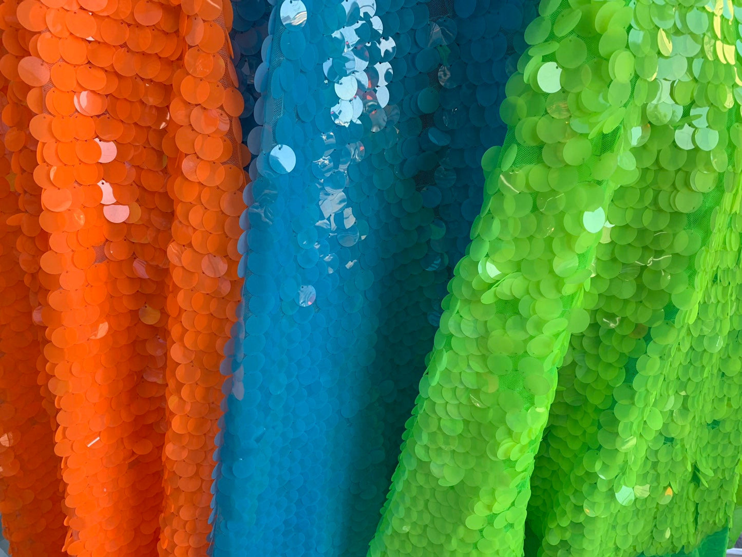 New neon colors paillette sequins 20mm shining seq on stretch mesh base 2way 58/60" Sold by the YD. Ships worldwide from Los Angeles CA USA.