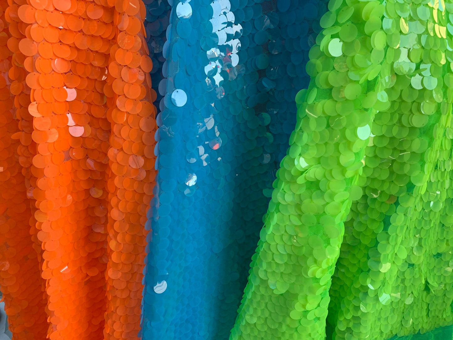 New neon colors paillette sequins 20mm shining seq on stretch mesh base 2way 58/60" Sold by the YD. Ships worldwide from Los Angeles CA USA.