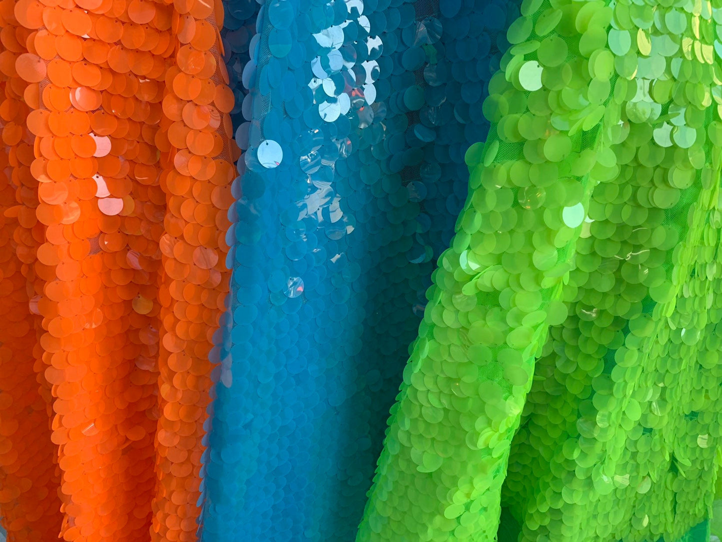 New neon colors paillette sequins 20mm shining seq on stretch mesh base 2way 58/60" Sold by the YD. Ships worldwide from Los Angeles CA USA.