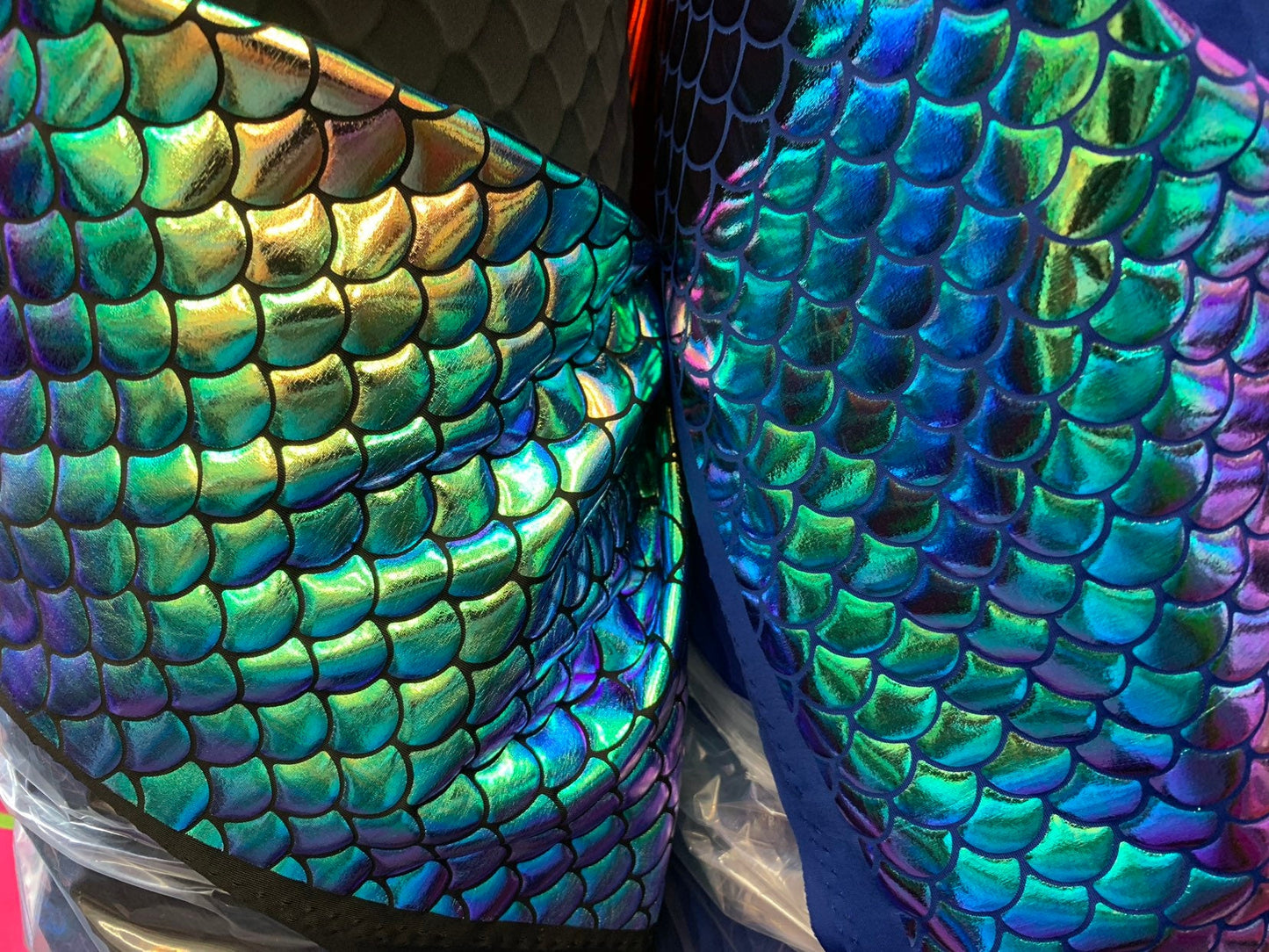 New Sirena design with iridescent foil 2tone nylon spandex 4way stretch 58/60" Sold by the YD. Ships worldwide from Los Angeles California.