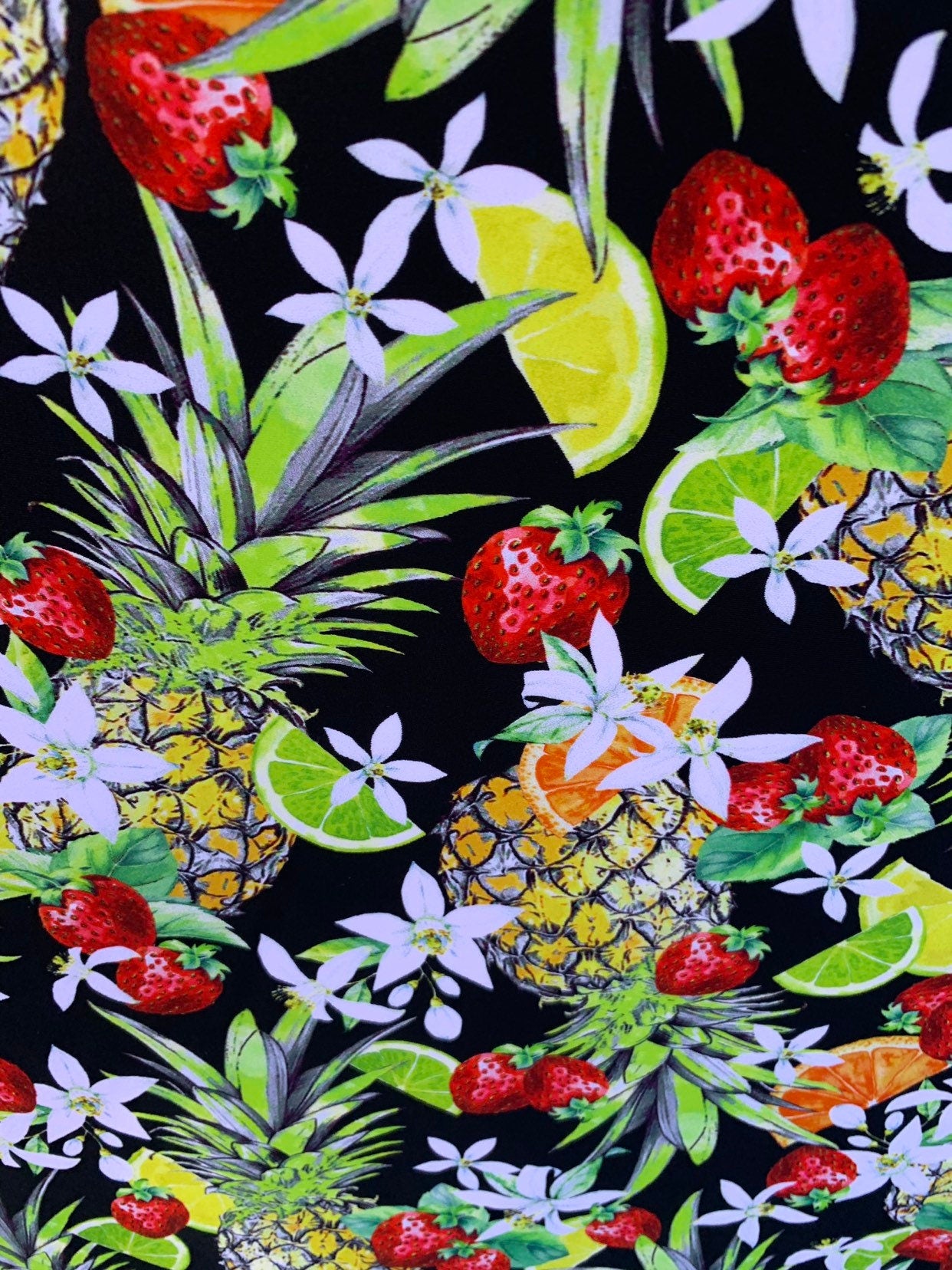 New multi fruits design print in heavy nylon spandex 4way stretch 58/60" Sold by the YD. Ships worldwide from Los Angeles California USA.