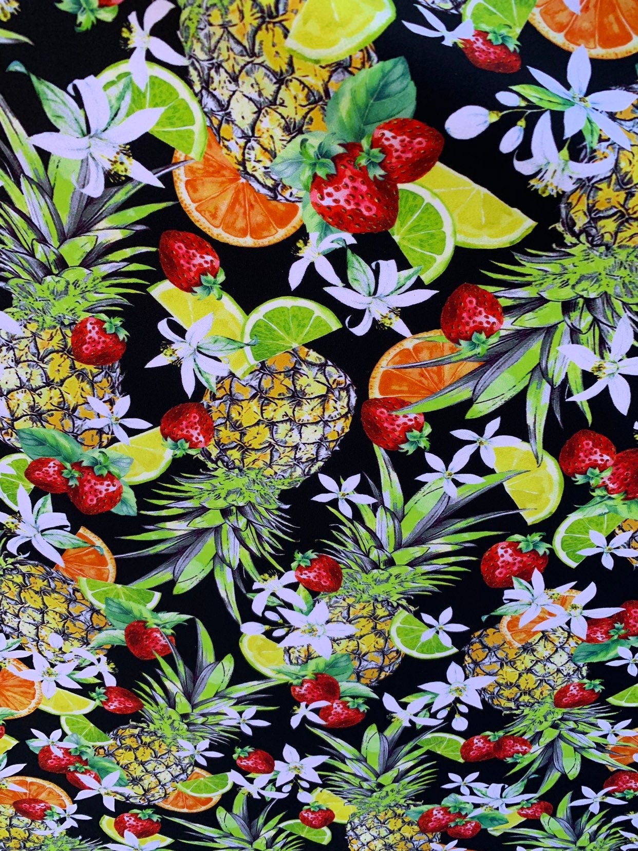 New multi fruits design print in heavy nylon spandex 4way stretch 58/60" Sold by the YD. Ships worldwide from Los Angeles California USA.