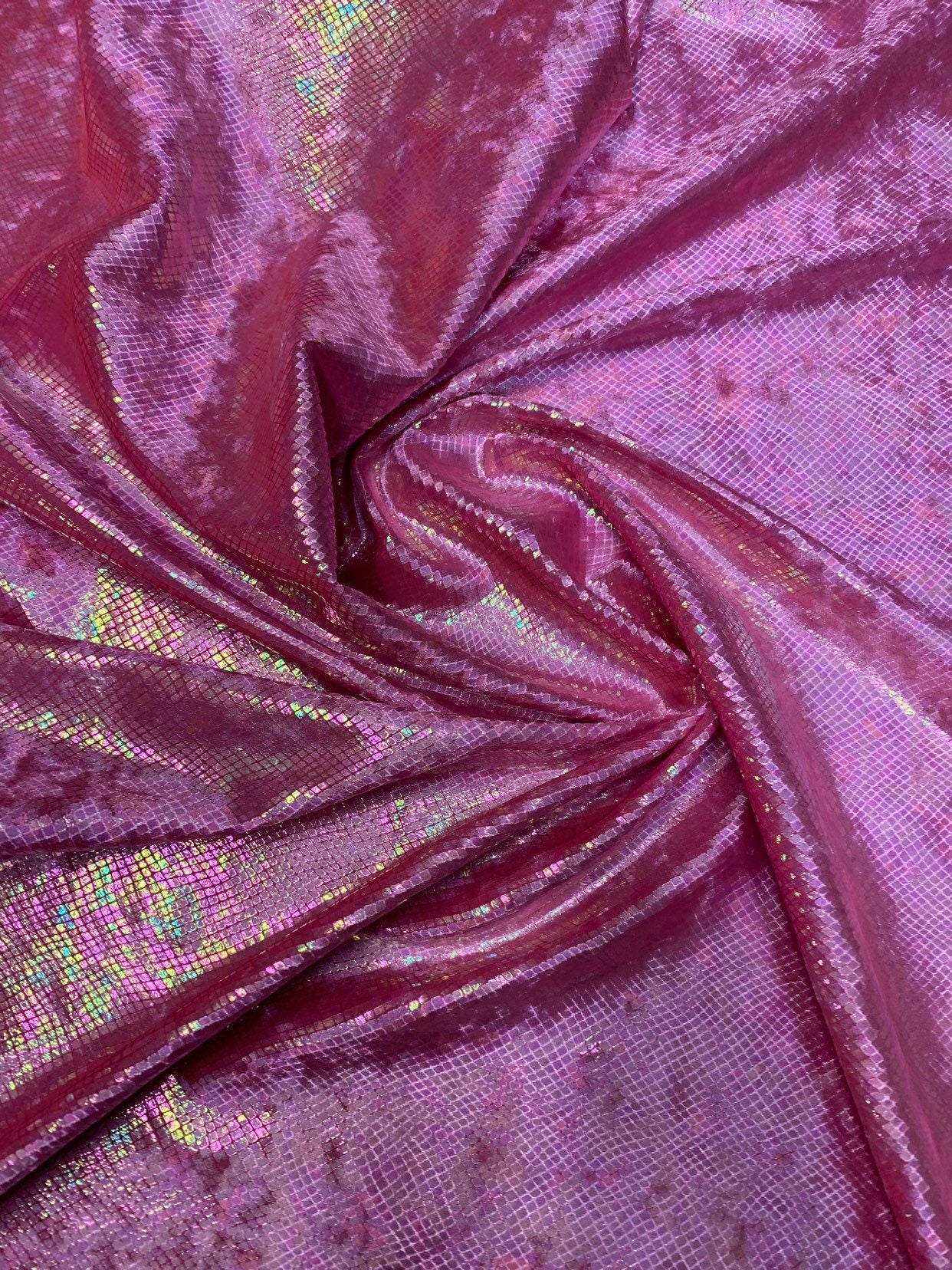 Dragon scales clear iridescent foil on heavy stretch velvet 420gsm 4way stretch 58/60" Sold by the YD. Ships worldwide from Los Angeles CA.
