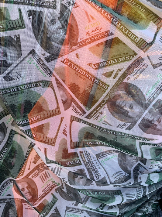 100 dollars money design print on stretch power mesh and nylon spandex 4way stretch 58/60" Sold by the YD. Ships worldwide from Los Angeles