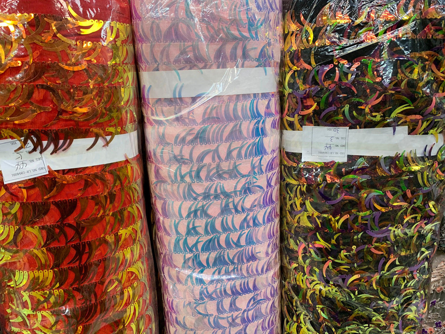 New Iridescent sequins half moon design on stretch mesh 2-way 58/60” Sold by the YD. Ships worldwide from Los Angeles California USA.