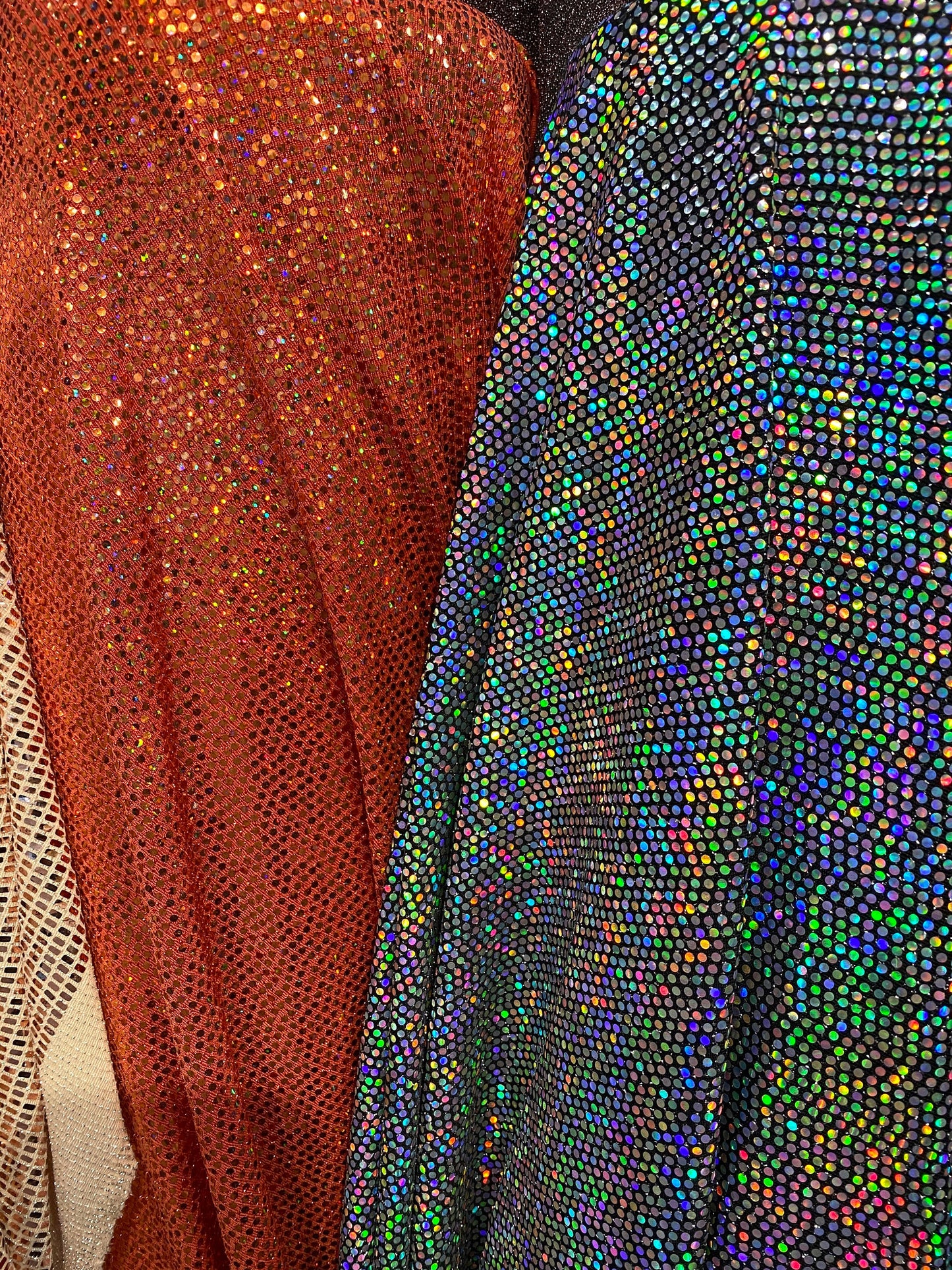 New metallic poly spandex with mini hologram sequins 2-way stretch 58/60” Sold by the YD. Ships worldwide from Los Ángeles California USA.