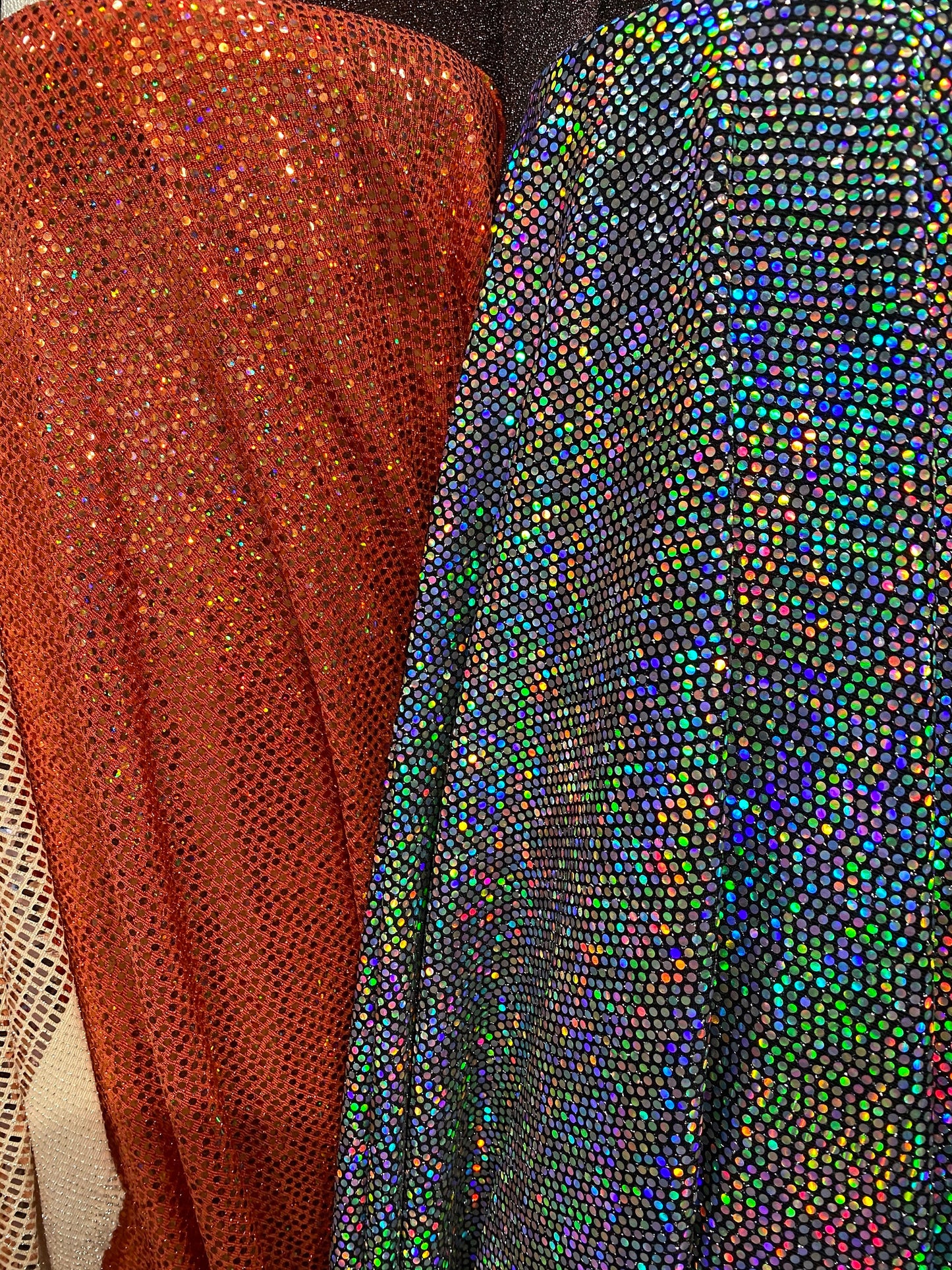 New metallic poly spandex with mini hologram sequins 2-way stretch 58/60” Sold by the YD. Ships worldwide from Los Ángeles California USA.