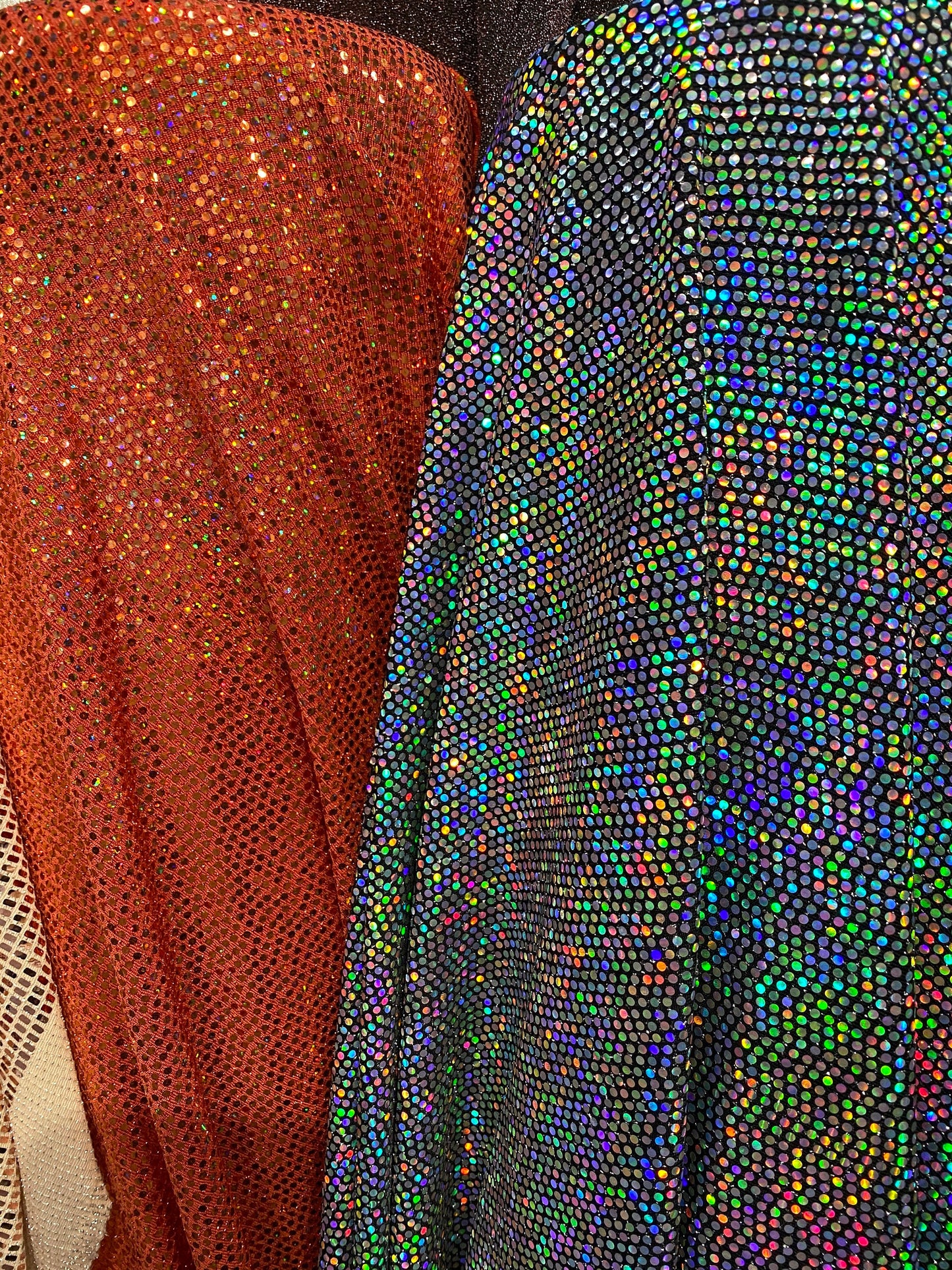 New metallic poly spandex with mini hologram sequins 2-way stretch 58/60” Sold by the YD. Ships worldwide from Los Ángeles California USA.