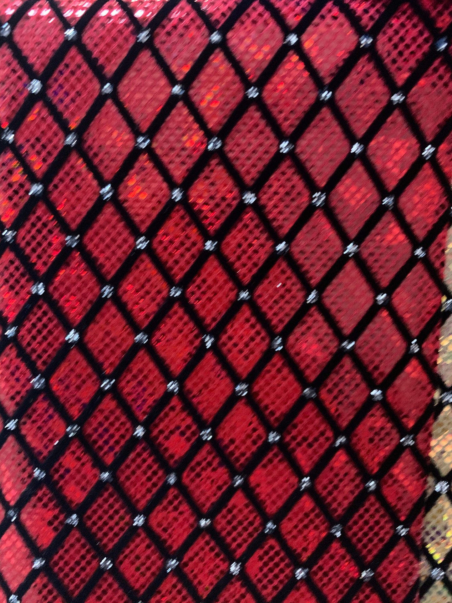 New Diamond design metallic nylon spandex shatter glass with flocking and glitter 4-way stretch 58/60” Sold by the YD. Ships from L.A CA.