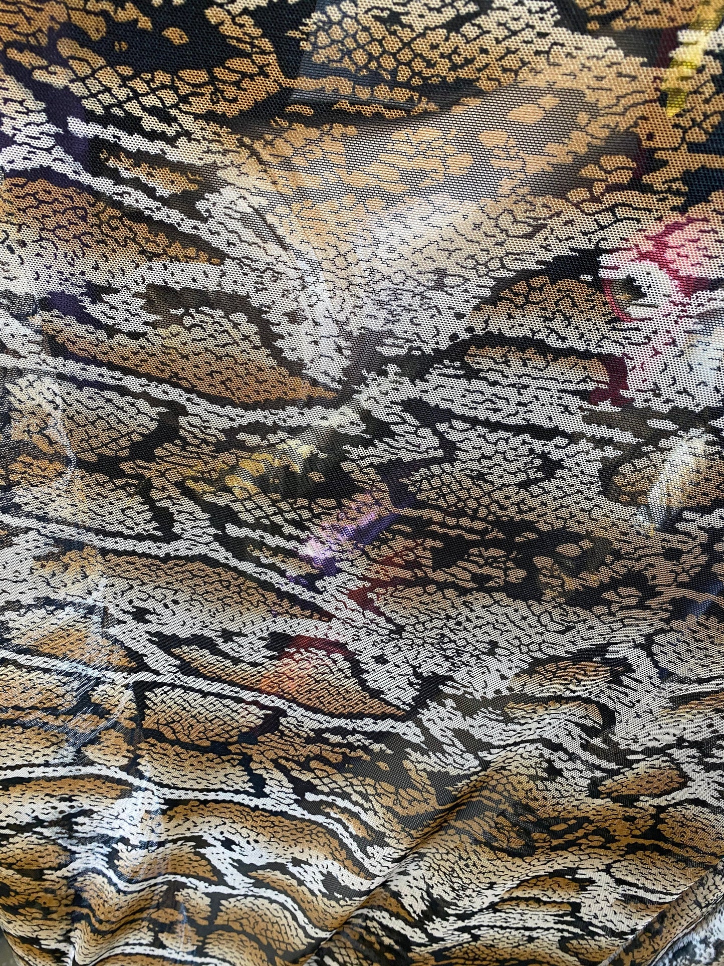 New mesh snake design print on stretch mesh 4-way Sold by the YD. Ships worldwide from Los Angeles California USA.