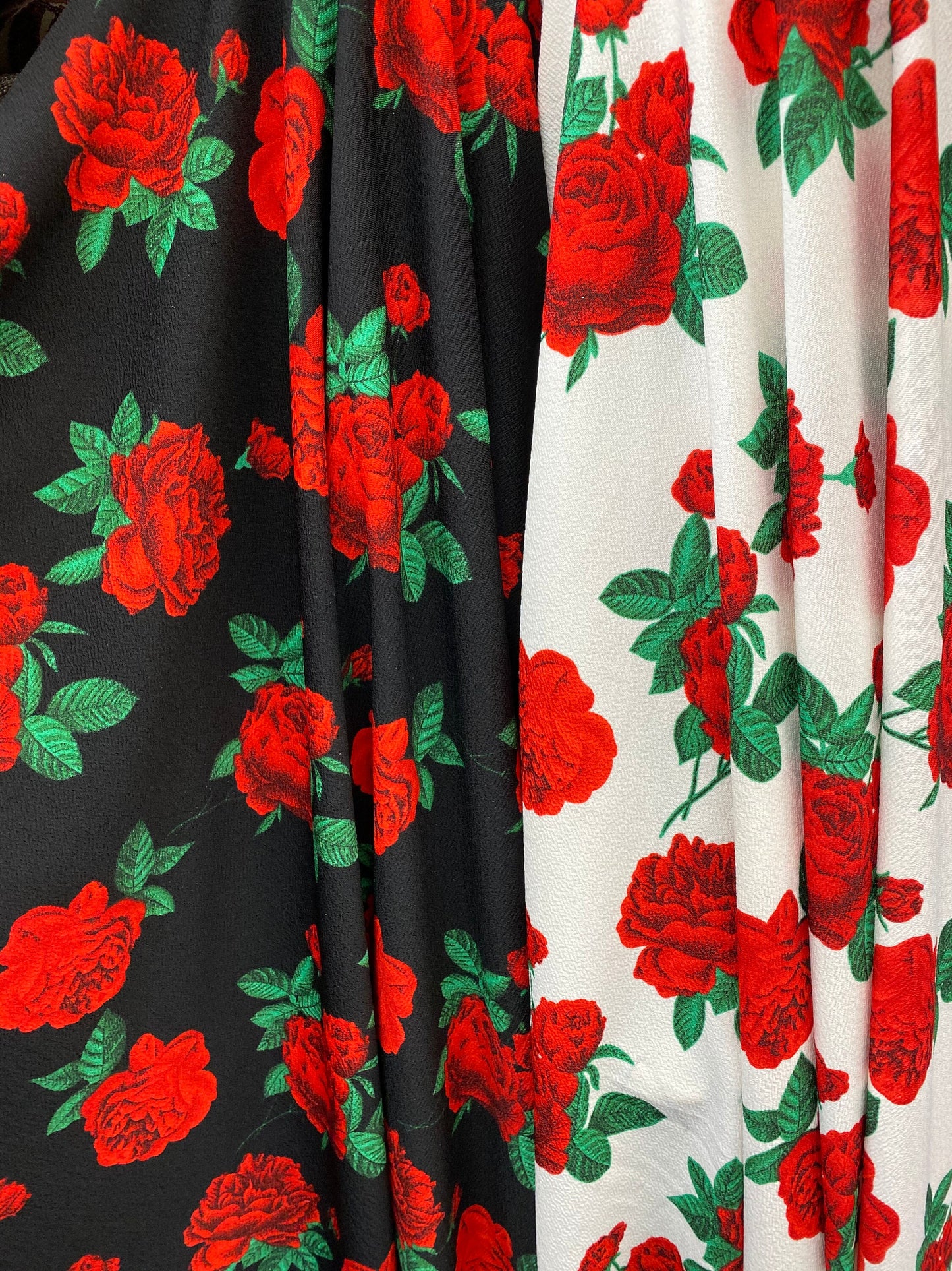 New poly spandex with roses design 4-way stretch 58/60” Sold by the YD. Ships worldwide from Los Angeles California USA.