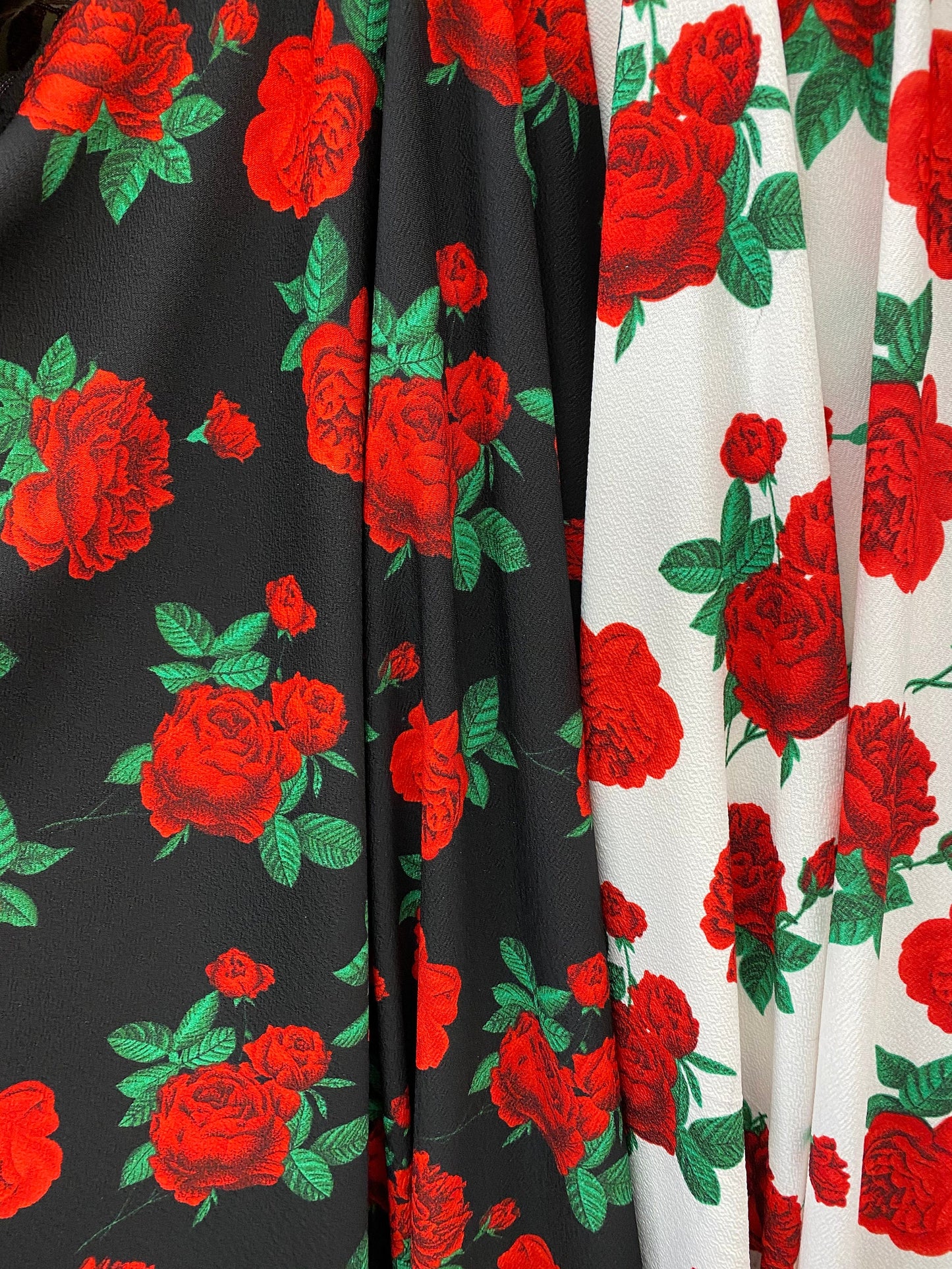 New poly spandex with roses design 4-way stretch 58/60” Sold by the YD. Ships worldwide from Los Angeles California USA.