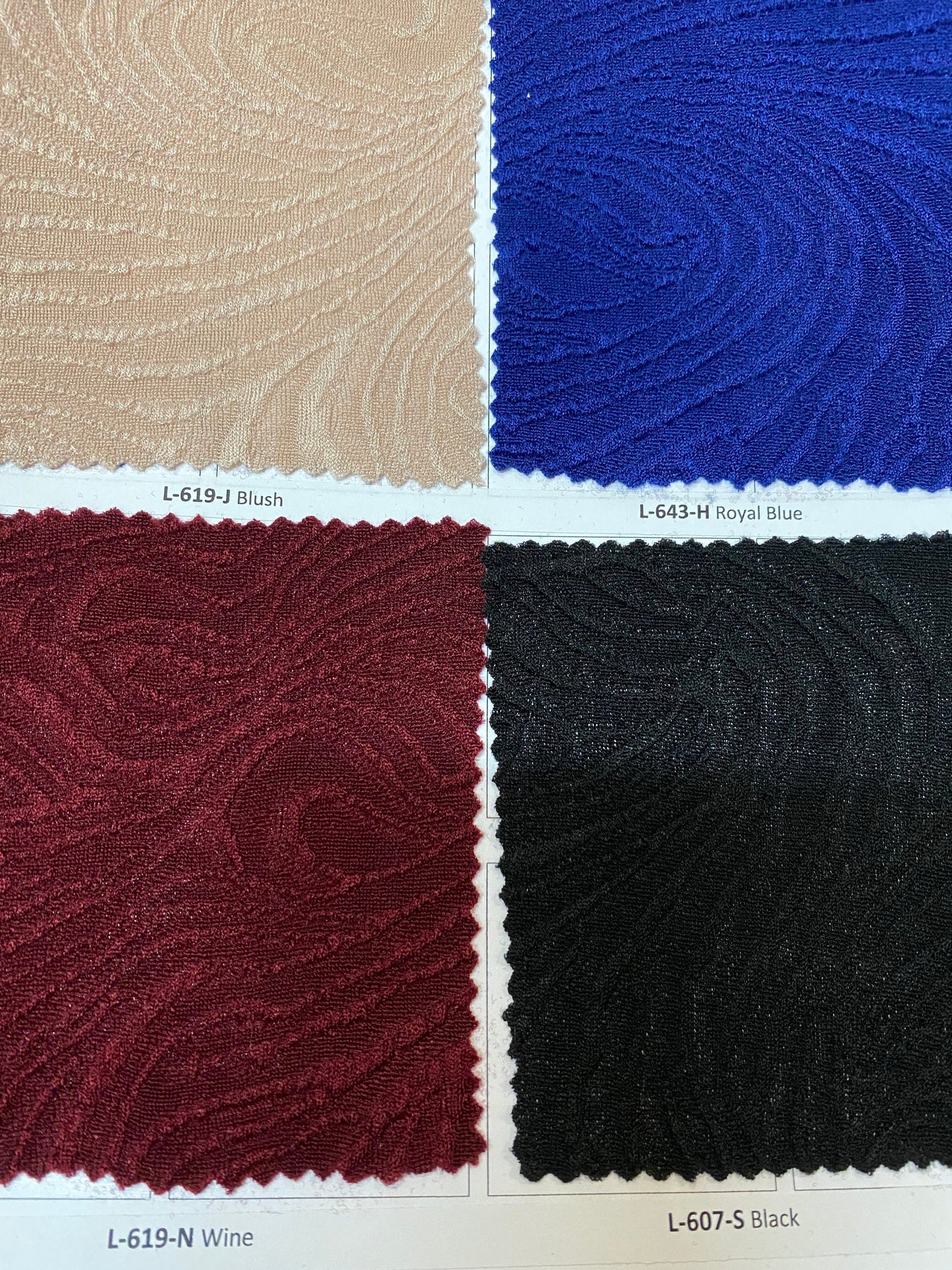 New acetate spandex jacquard textured swirl design 4-way Stretch 58/60” Sold by the YD. Ships worldwide from Los Angeles California USA.