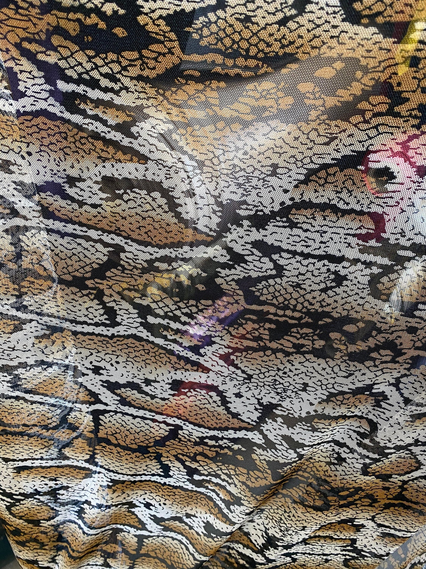 New mesh snake design print on stretch mesh 4-way Sold by the YD. Ships worldwide from Los Angeles California USA.