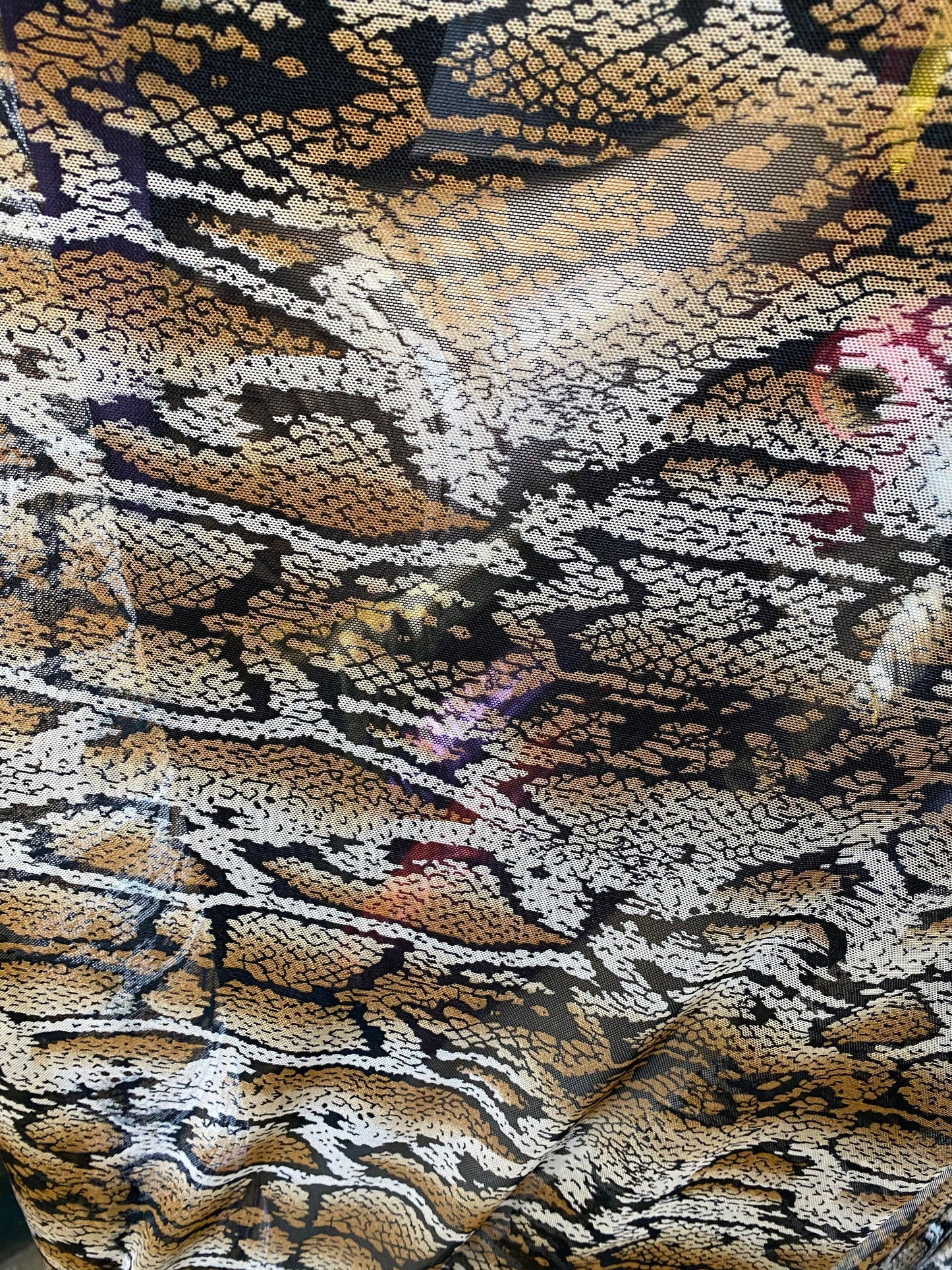 New mesh snake design print on stretch mesh 4-way Sold by the YD. Ships worldwide from Los Angeles California USA.
