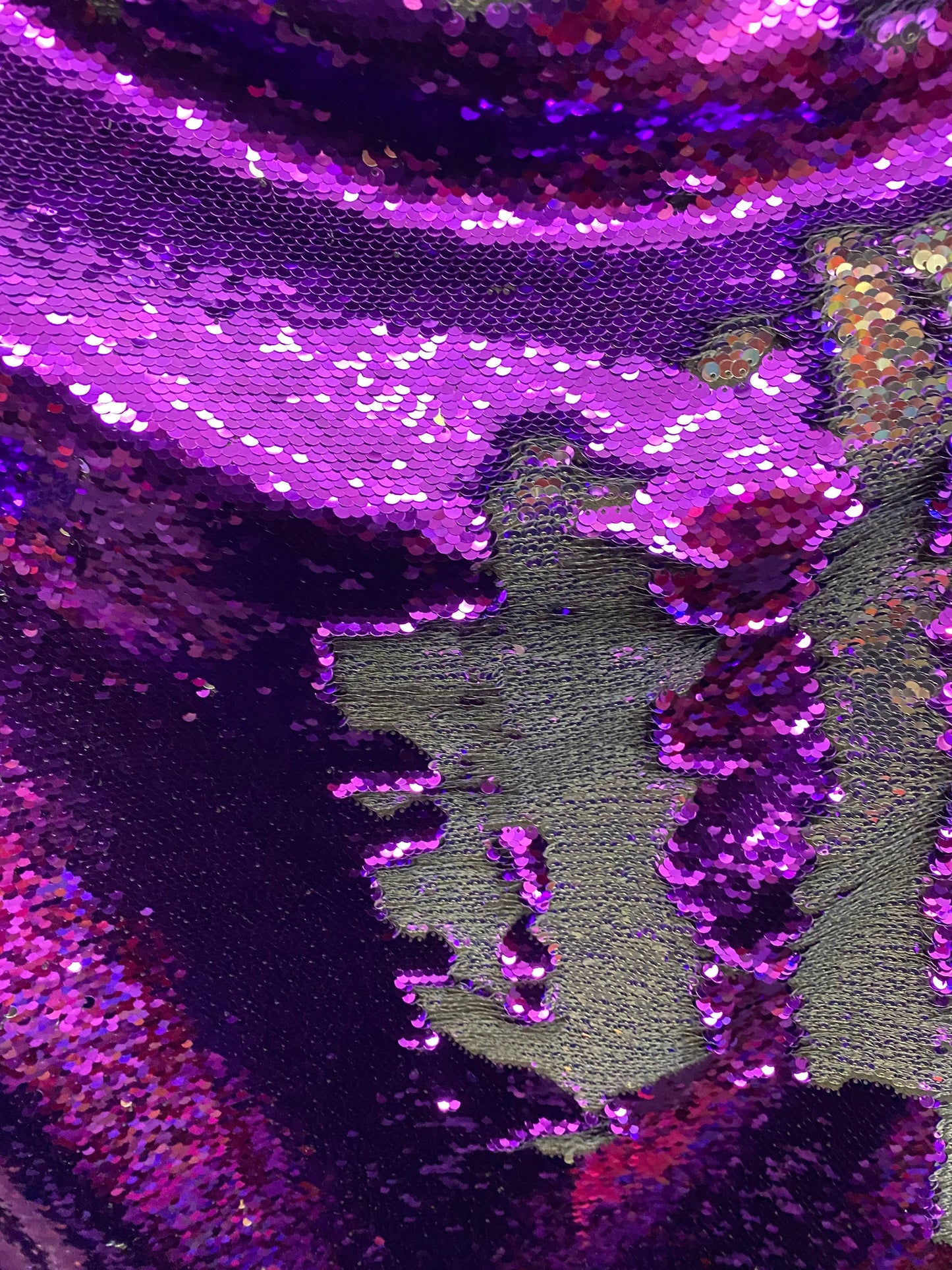 New Reversible flip up sequins purple/silver 5mm seq with Lycra base 58/60” sold by the yd. Ships worldwide from Los Angeles California USA.