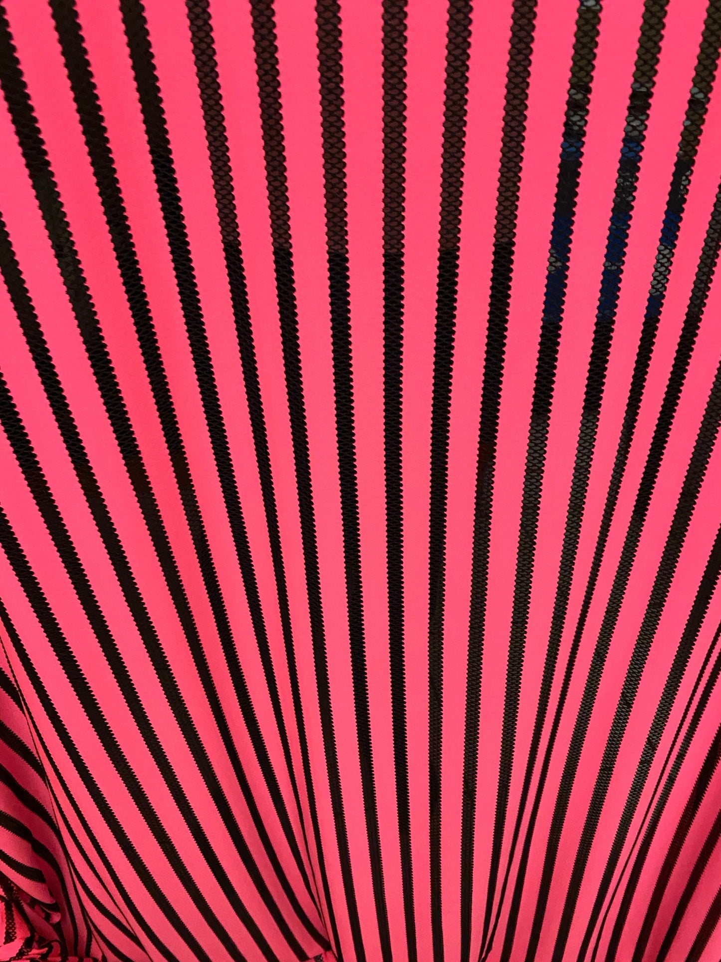 New stripe nylon spandex mesh neon pink/black 4-way stretch 58/60” Sold by the YD. Ships worldwide from Los Angeles California USA.