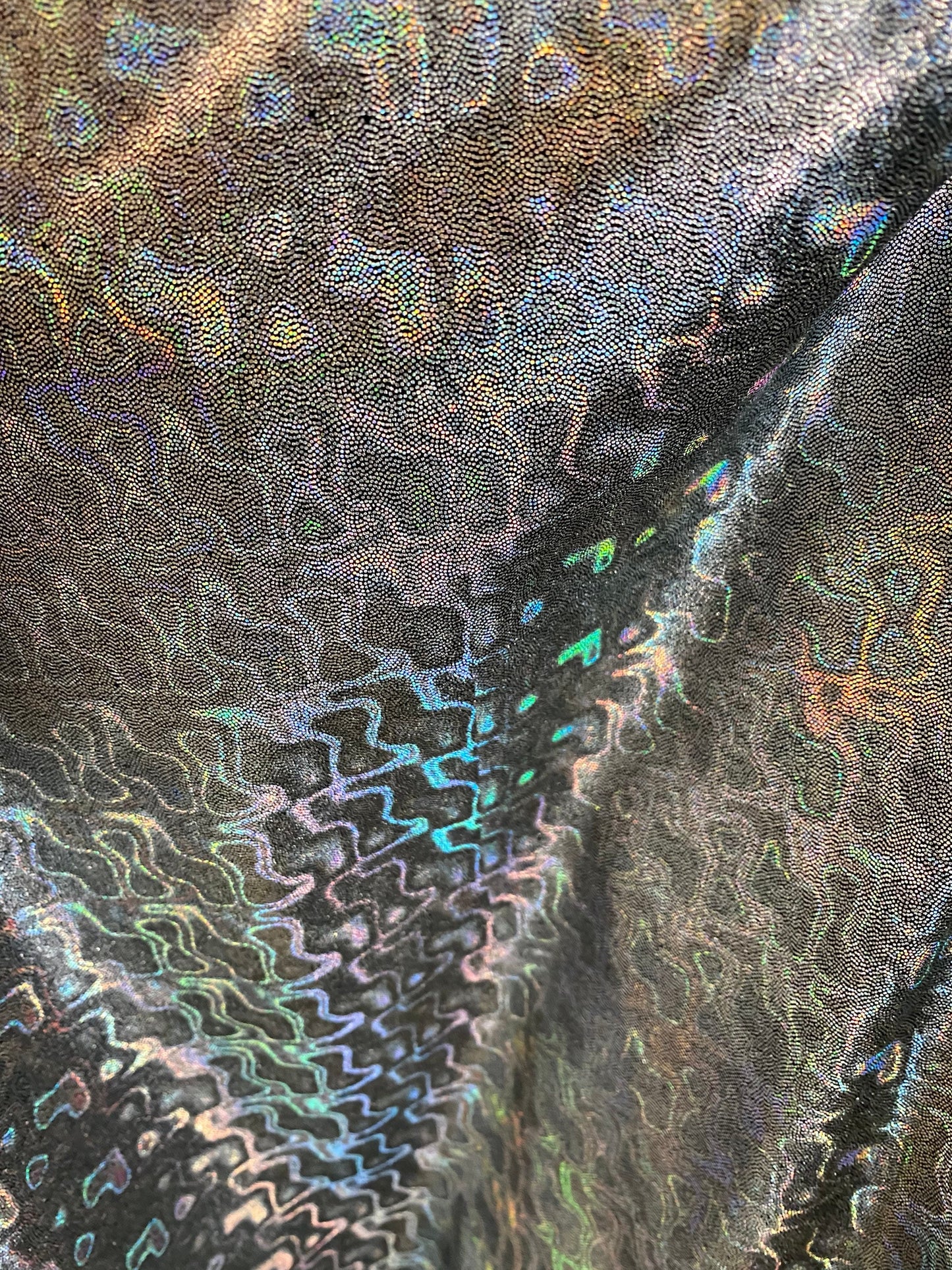 New lava design black/silver hologram nylon spandex 4-way stretch 58/60” Sold by the YD. Ships worldwide from Los Angeles California USA.