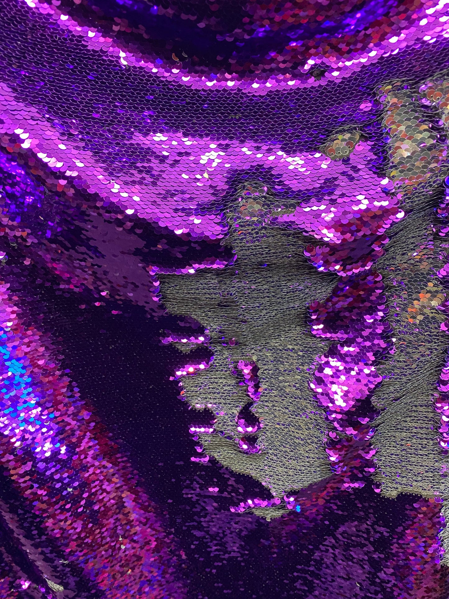 New Reversible flip up sequins purple/silver 5mm seq with Lycra base 58/60” sold by the yd. Ships worldwide from Los Angeles California USA.