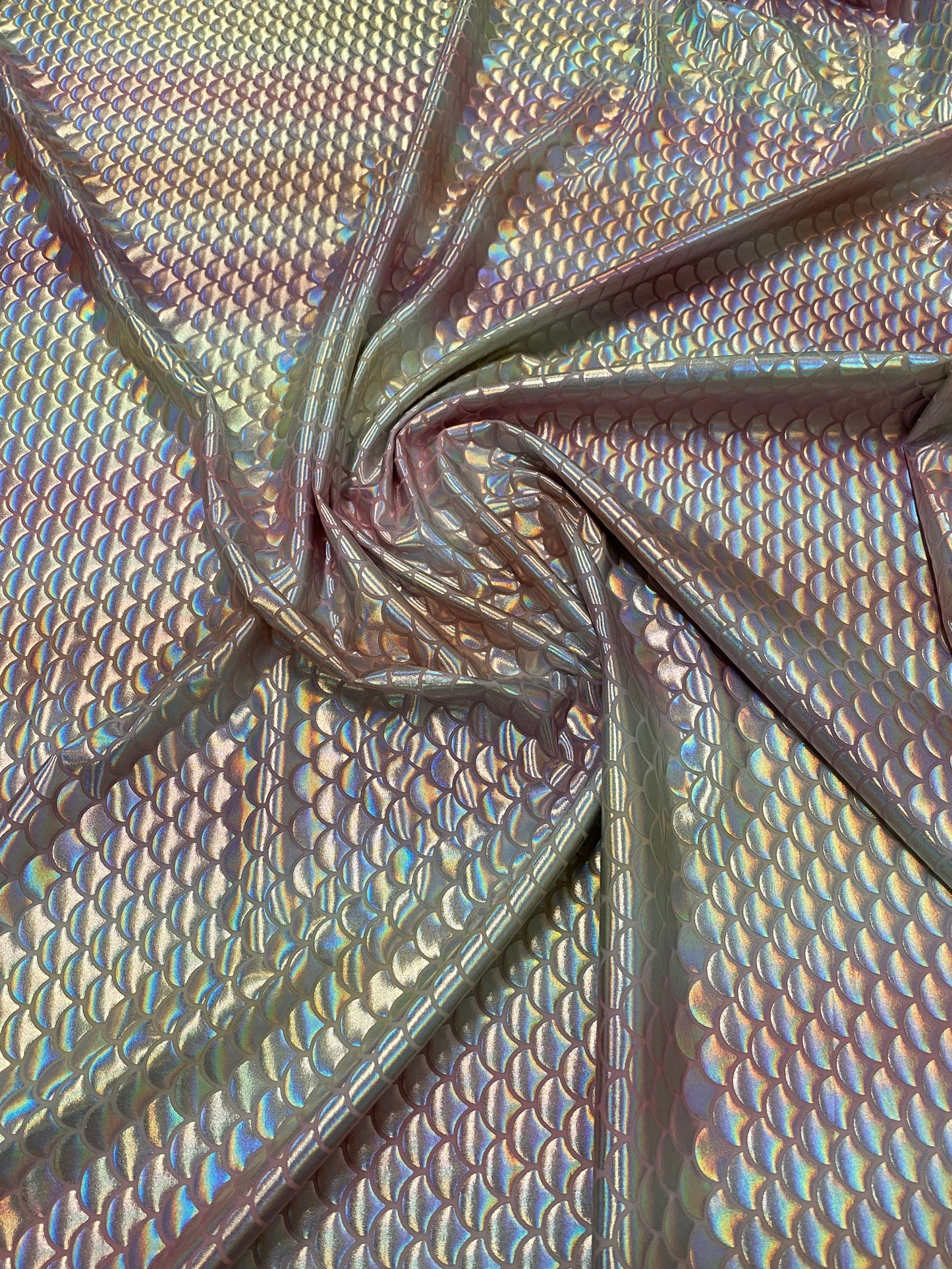 New Rainbow mermaid design Blush/silver iridescent metallic nylon spandex 4-way stretch 58/60” Sold by the YD. Ships worldwide from L.A CA.