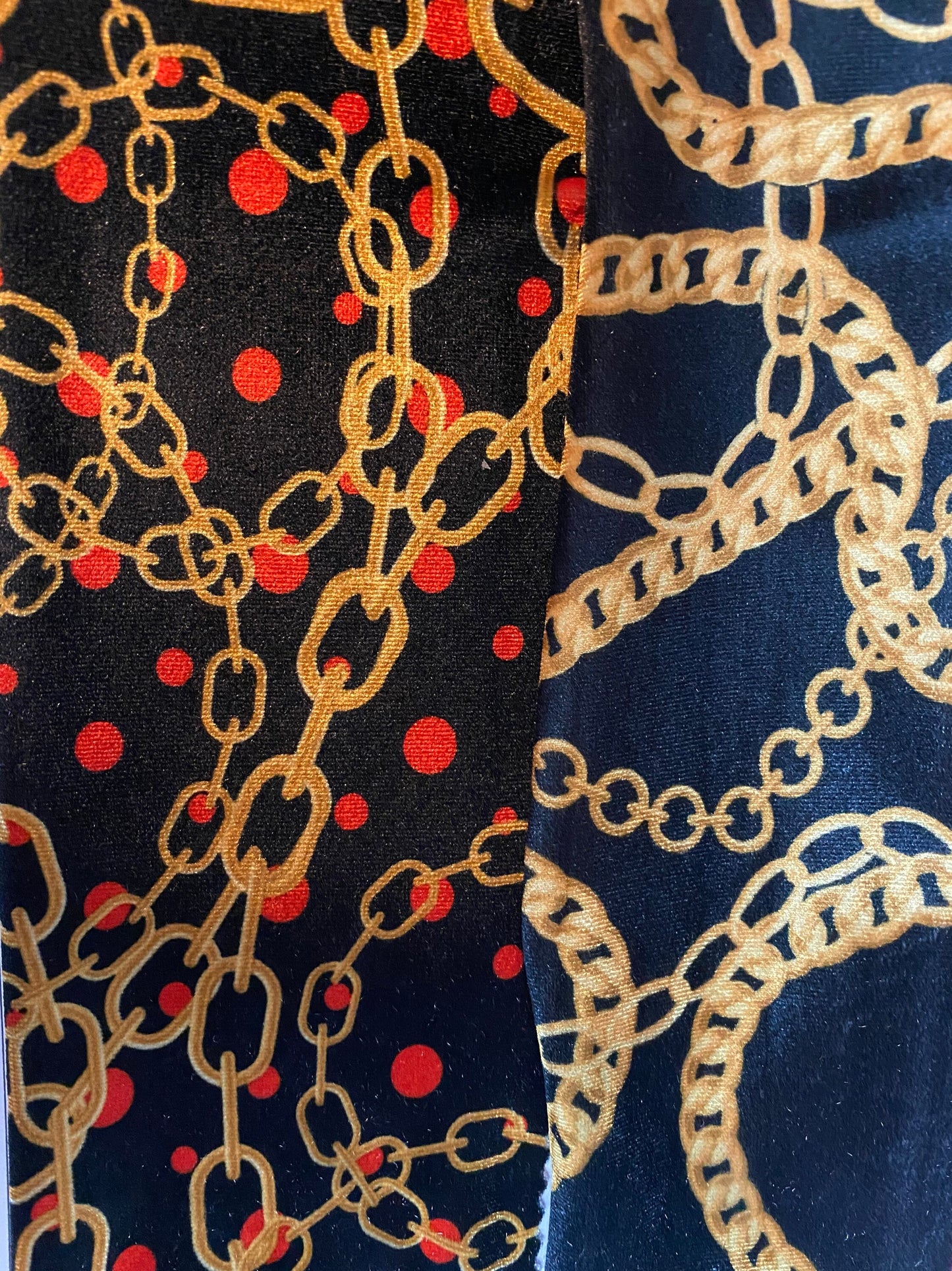 Gold chain and red dots & Gold chain bracelet design print on luxury stretch velvet 4-way 58/60” Sold by the YD. Ships worldwide from LA CA.