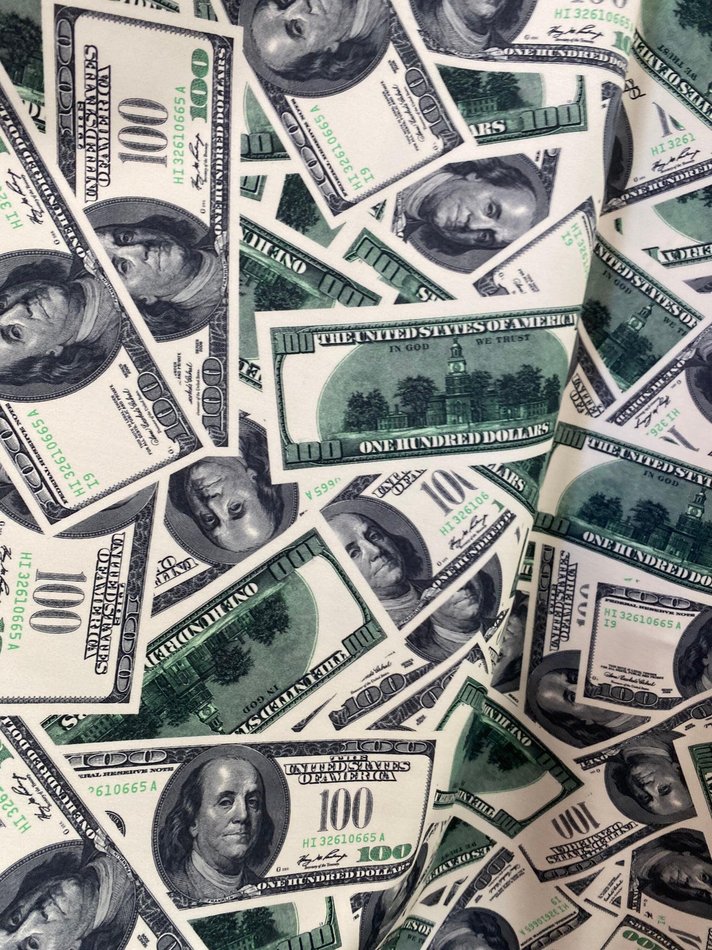Money 100 dollars bill design best quality print nylon spandex 4-way stretch 58/60” Sold by the YD. Ships worldwide from Los Angeles CA.