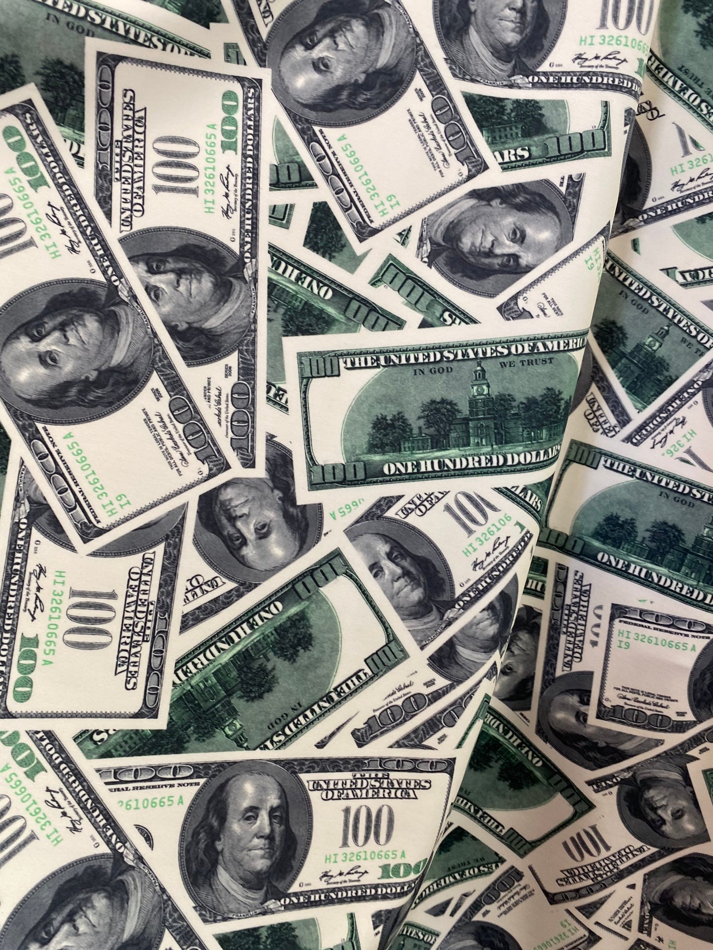 Money 100 dollars bill design best quality print nylon spandex 4-way stretch 58/60” Sold by the YD. Ships worldwide from Los Angeles CA.
