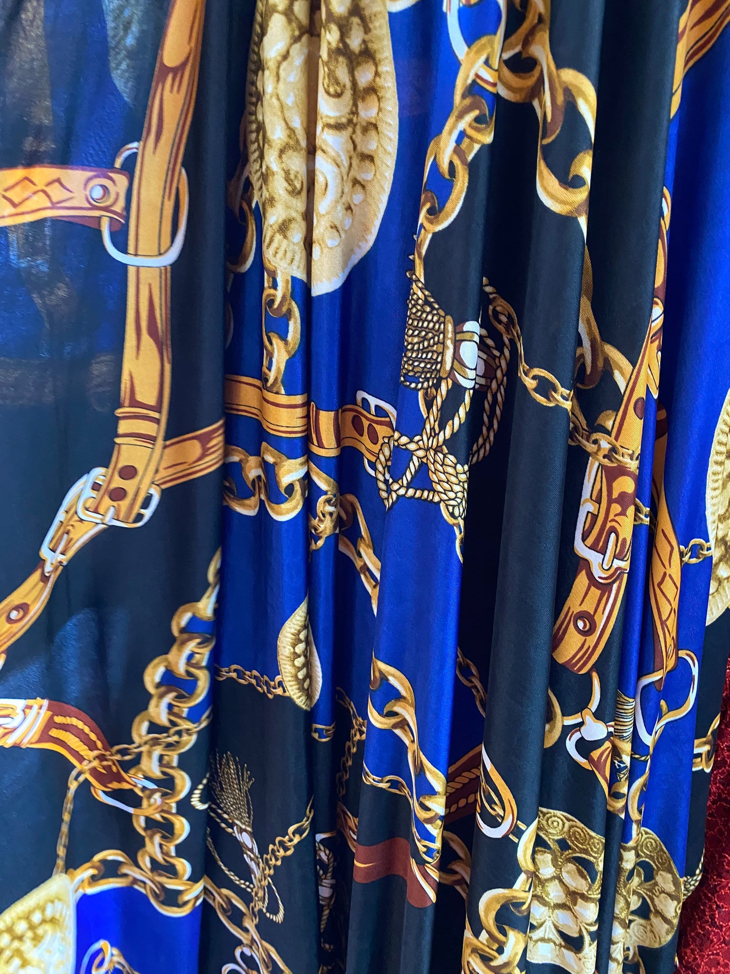New luxury sapphire gold chain modern design print on poly spandex medium weight 4-way stretch 58/60” Sold by the YD. Ships worldwide