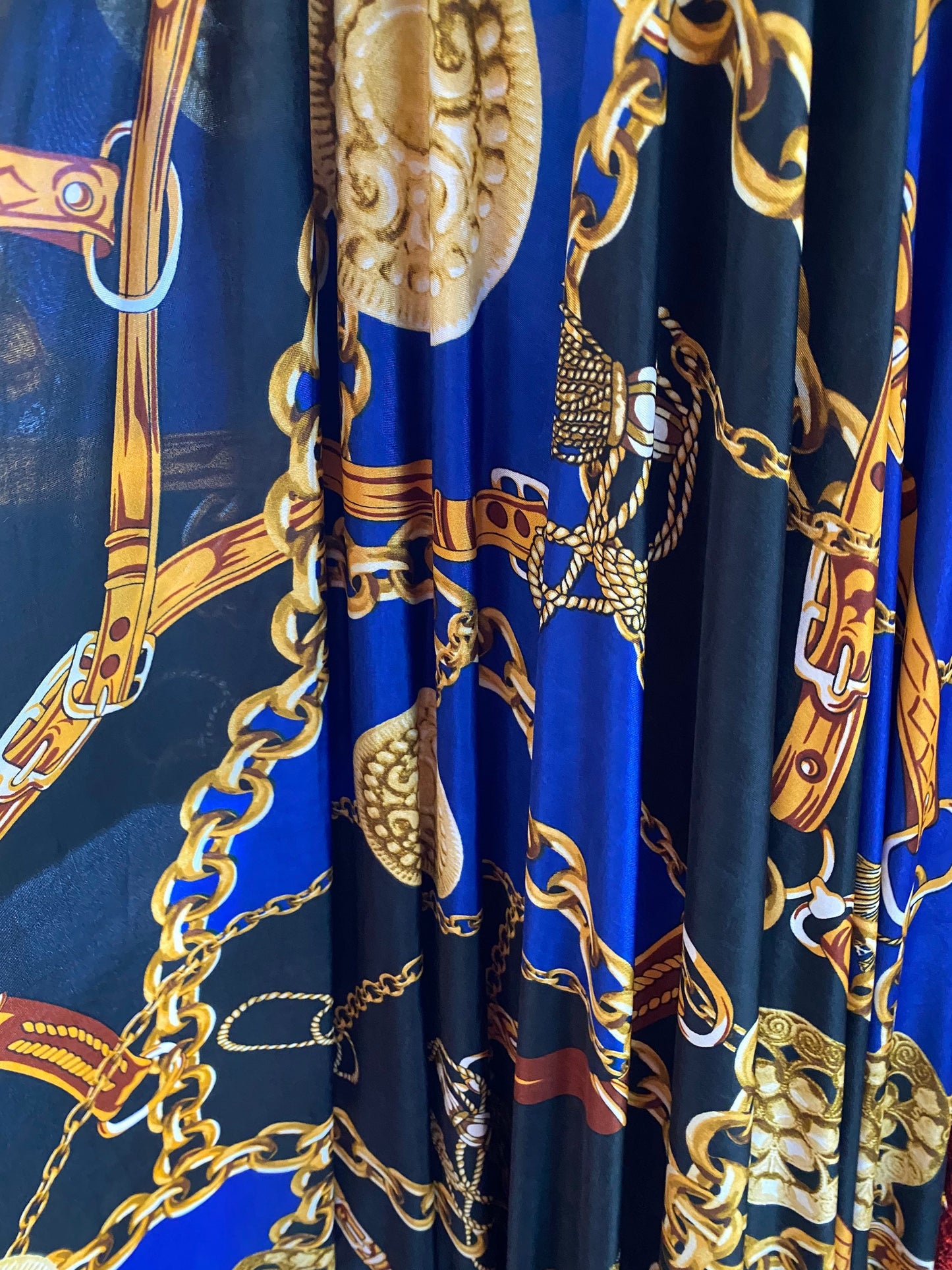 New luxury sapphire gold chain modern design print on poly spandex medium weight 4-way stretch 58/60” Sold by the YD. Ships worldwide