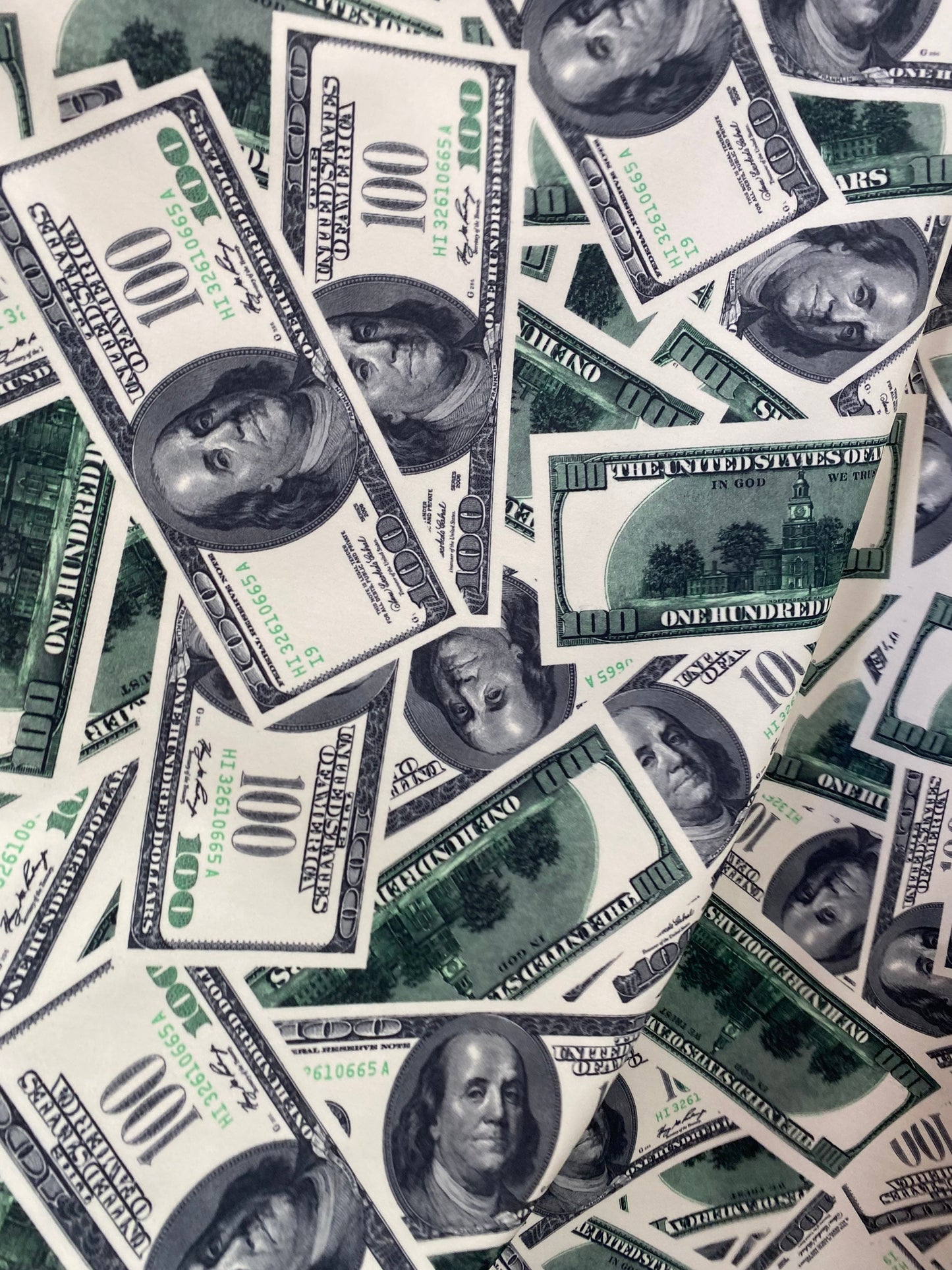 Money 100 dollars bill design best quality print nylon spandex 4-way stretch 58/60” Sold by the YD. Ships worldwide from Los Angeles CA.