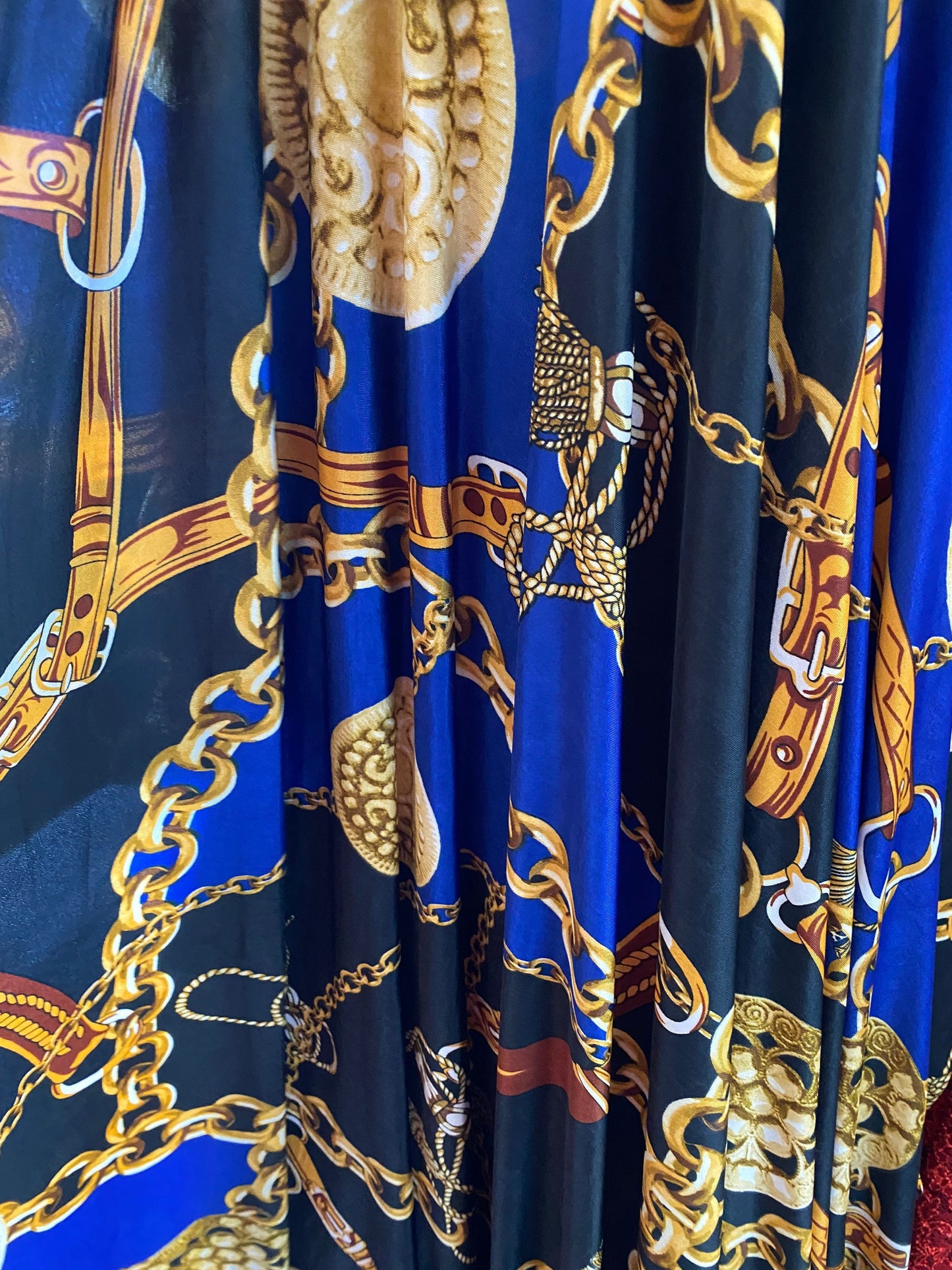 New luxury sapphire gold chain modern design print on poly spandex medium weight 4-way stretch 58/60” Sold by the YD. Ships worldwide