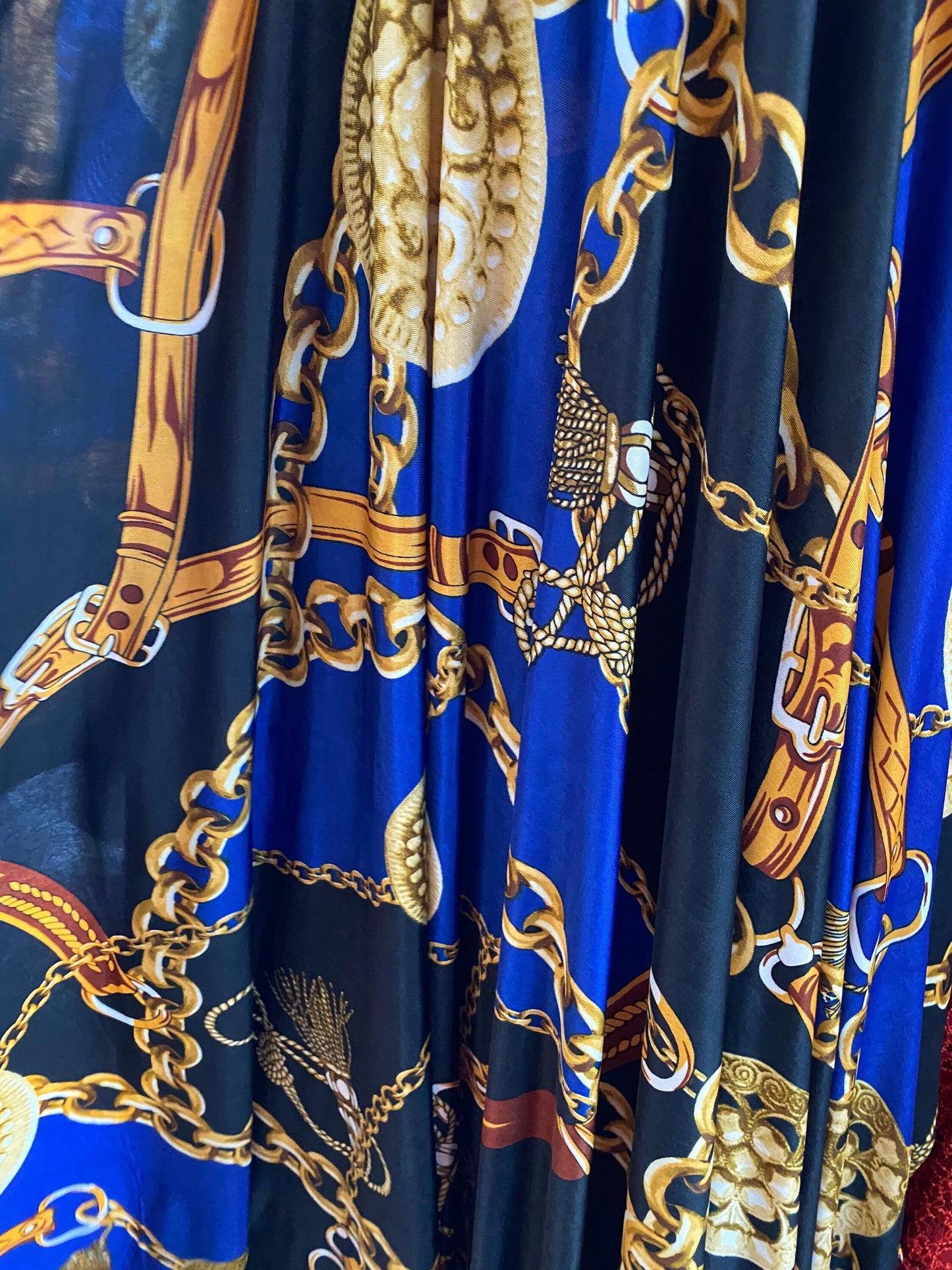 New luxury sapphire gold chain modern design print on poly spandex medium weight 4-way stretch 58/60” Sold by the YD. Ships worldwide
