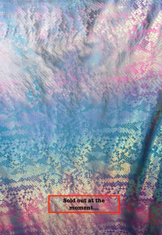 New metallic nylon spandex tie dye iridescent snake foil 4way stretch 58/60" Sold by the YD. Ships worldwide from Los Angeles California USA