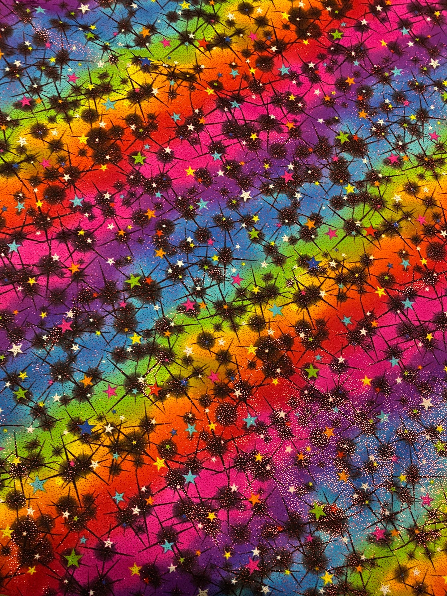 New rainbow Vegas design multi stars nylon spandex with foil 4-way stretch 58/60” Sold by the YD. Ships worldwide from Los Angeles CA USA.