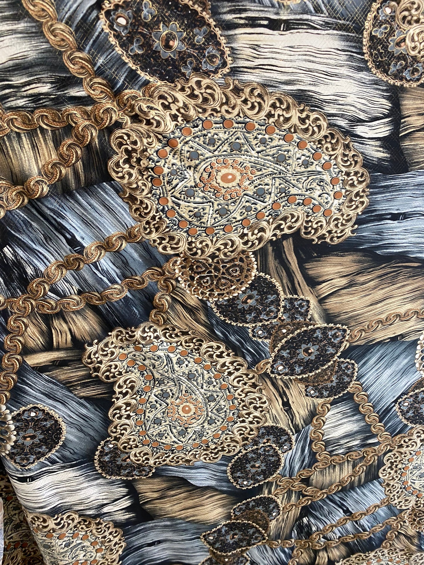 New paisley fashion design print on poly spandex 4-way stretch 58/60” Sold by the YD. Ships worldwide from Los Angeles California USA.