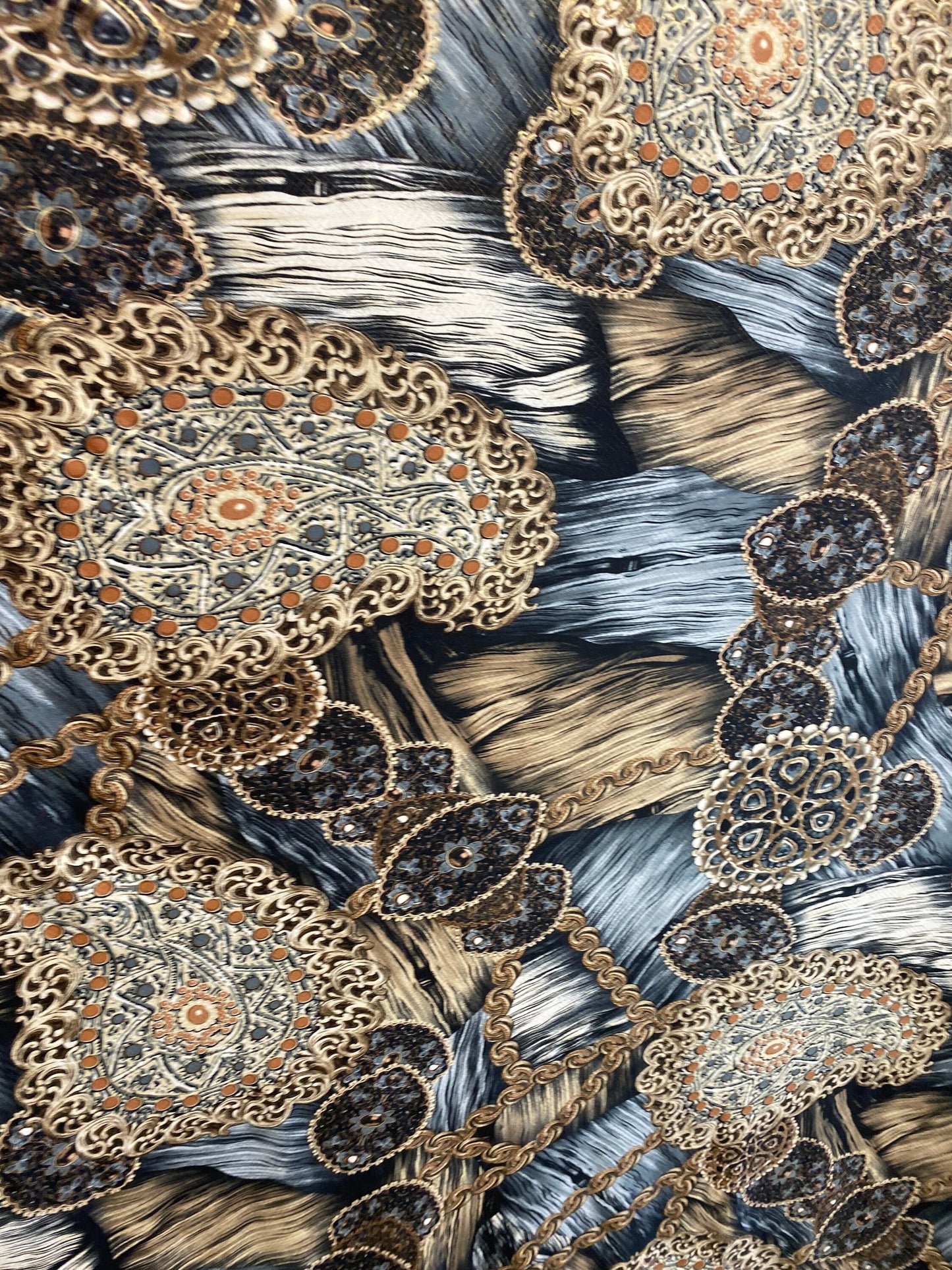 New paisley fashion design print on poly spandex 4-way stretch 58/60” Sold by the YD. Ships worldwide from Los Angeles California USA.