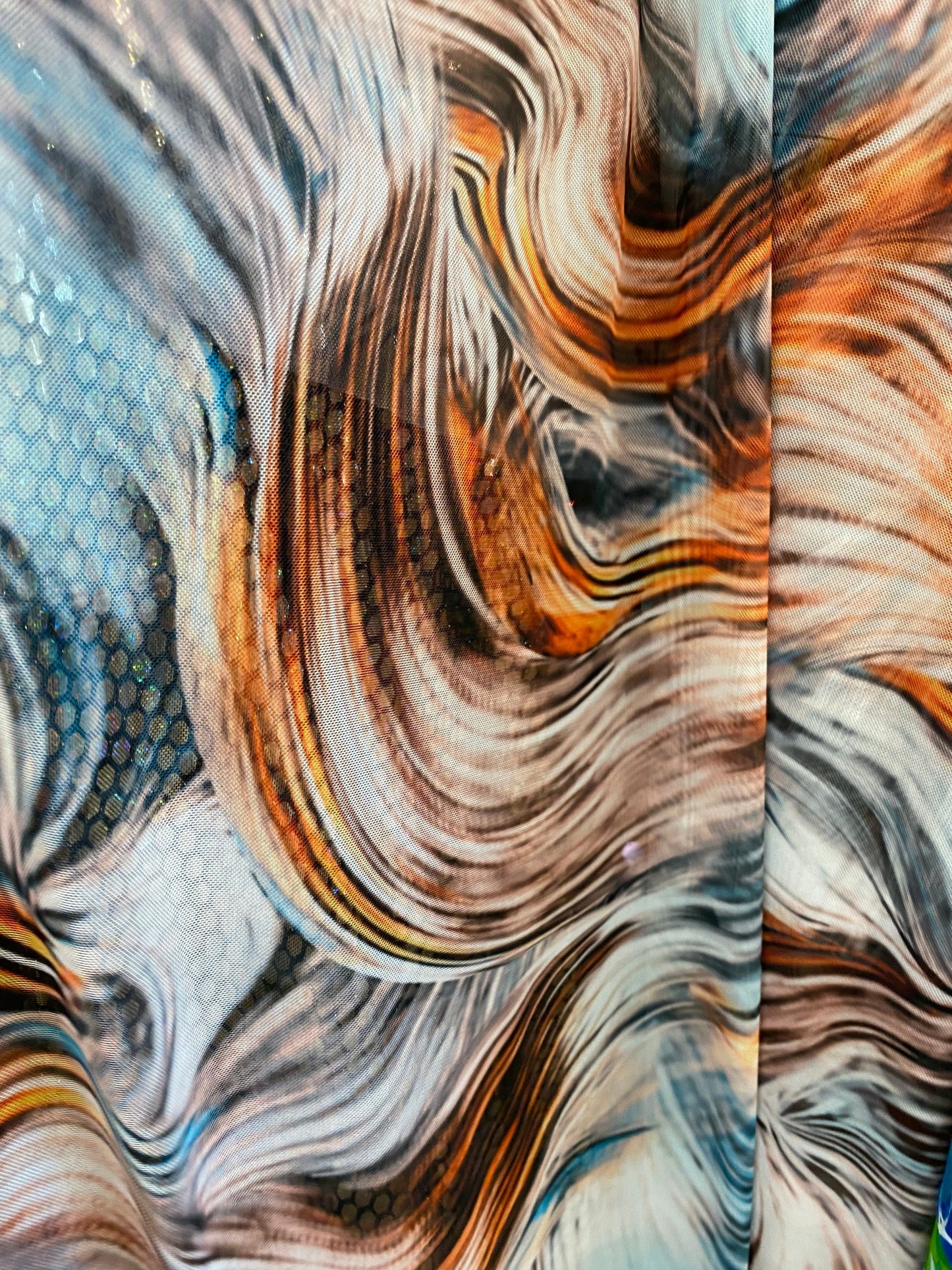 New abstract design print on power mesh 4-way stretch 58/60” Sold by the YD. Ships worldwide from Los Angeles California USA.