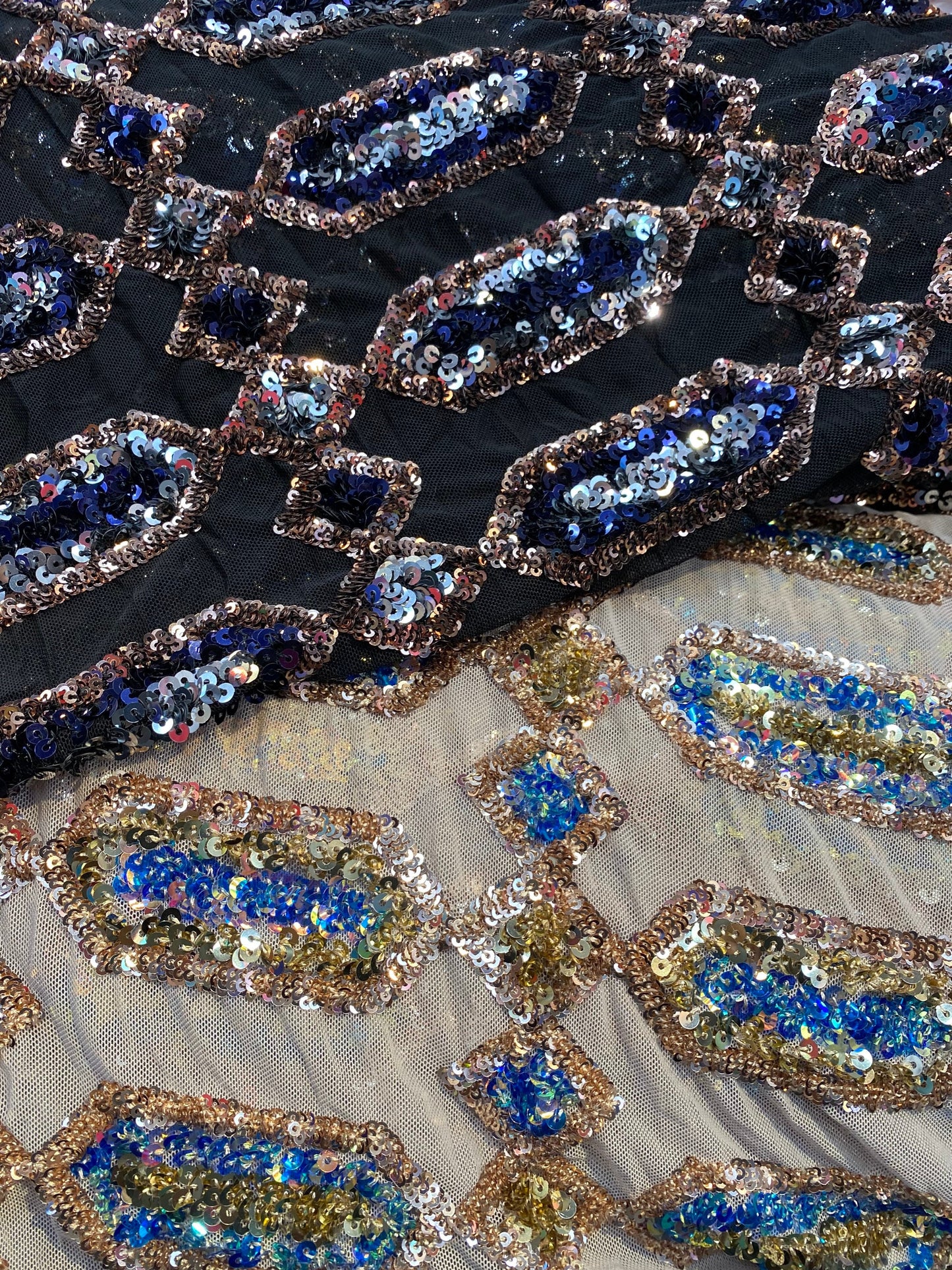 New geometric avatar iridescent sequins on stretch mesh 4-way 50/52” Sold by the YD. Ships worldwide from Los Angeles California USA.