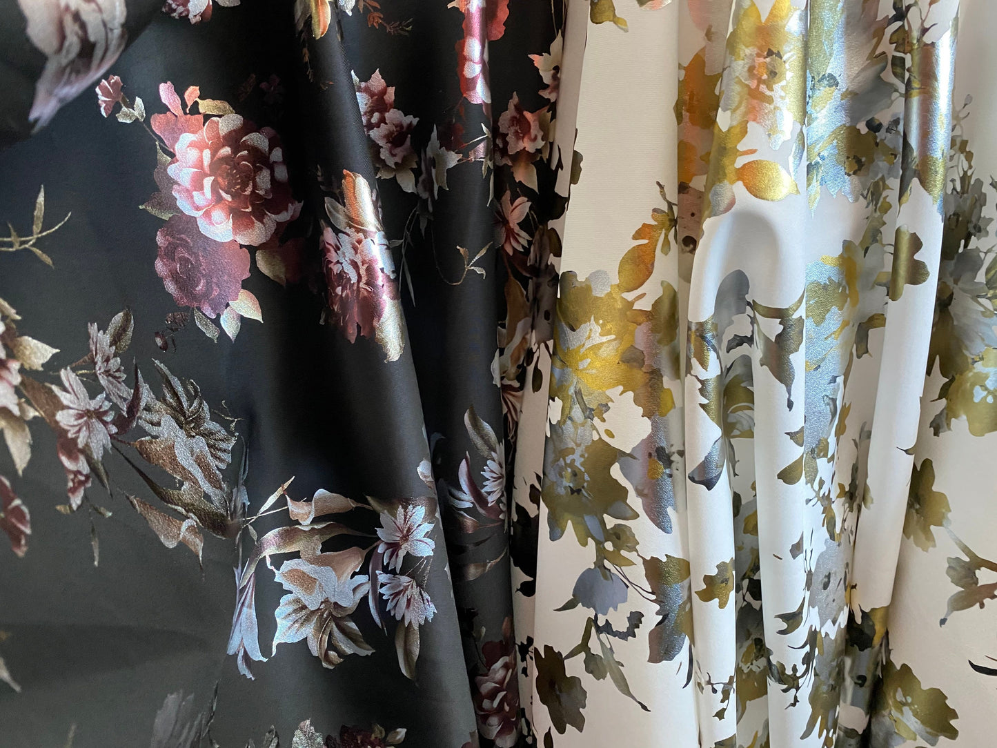 New super poly techno floral design 2-way stretch 58/60” Sold by the YD. Ships worldwide from Los Angeles California USA.