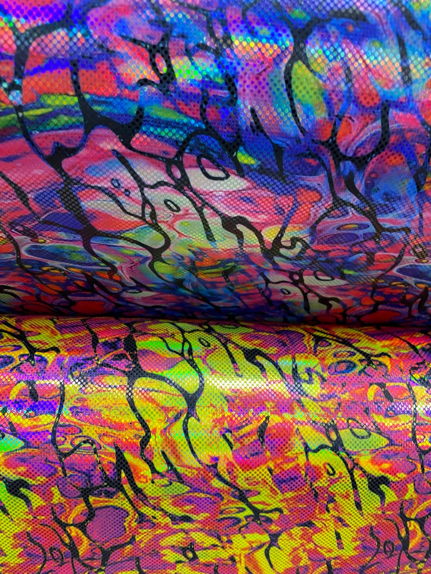 New splatter paint design abstract digital foil print metallic lacer hologram nylon spandex 4-way stretch 58/60” Sold by the YD.