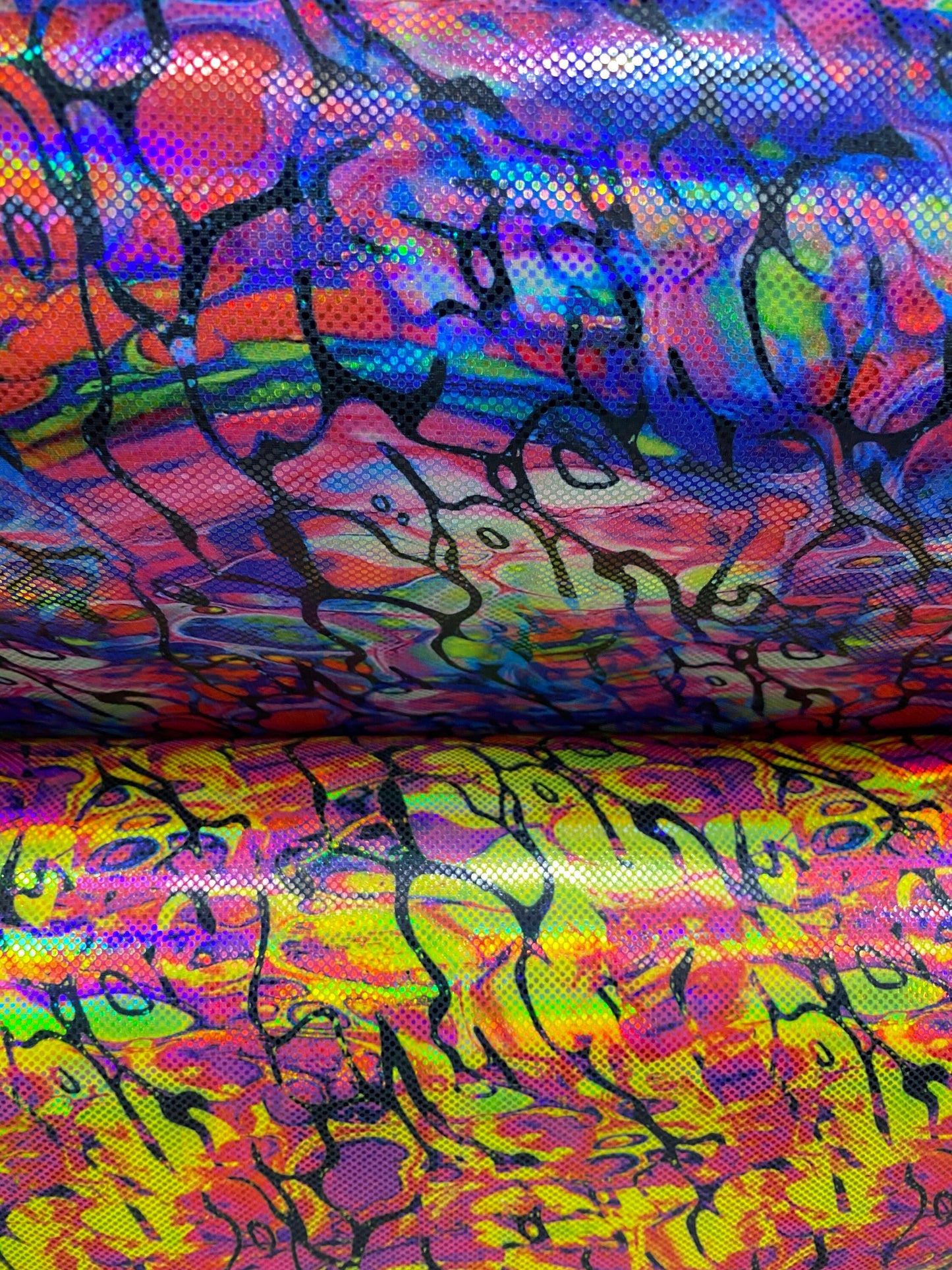 New splatter paint design abstract digital foil print metallic lacer hologram nylon spandex 4-way stretch 58/60” Sold by the YD.