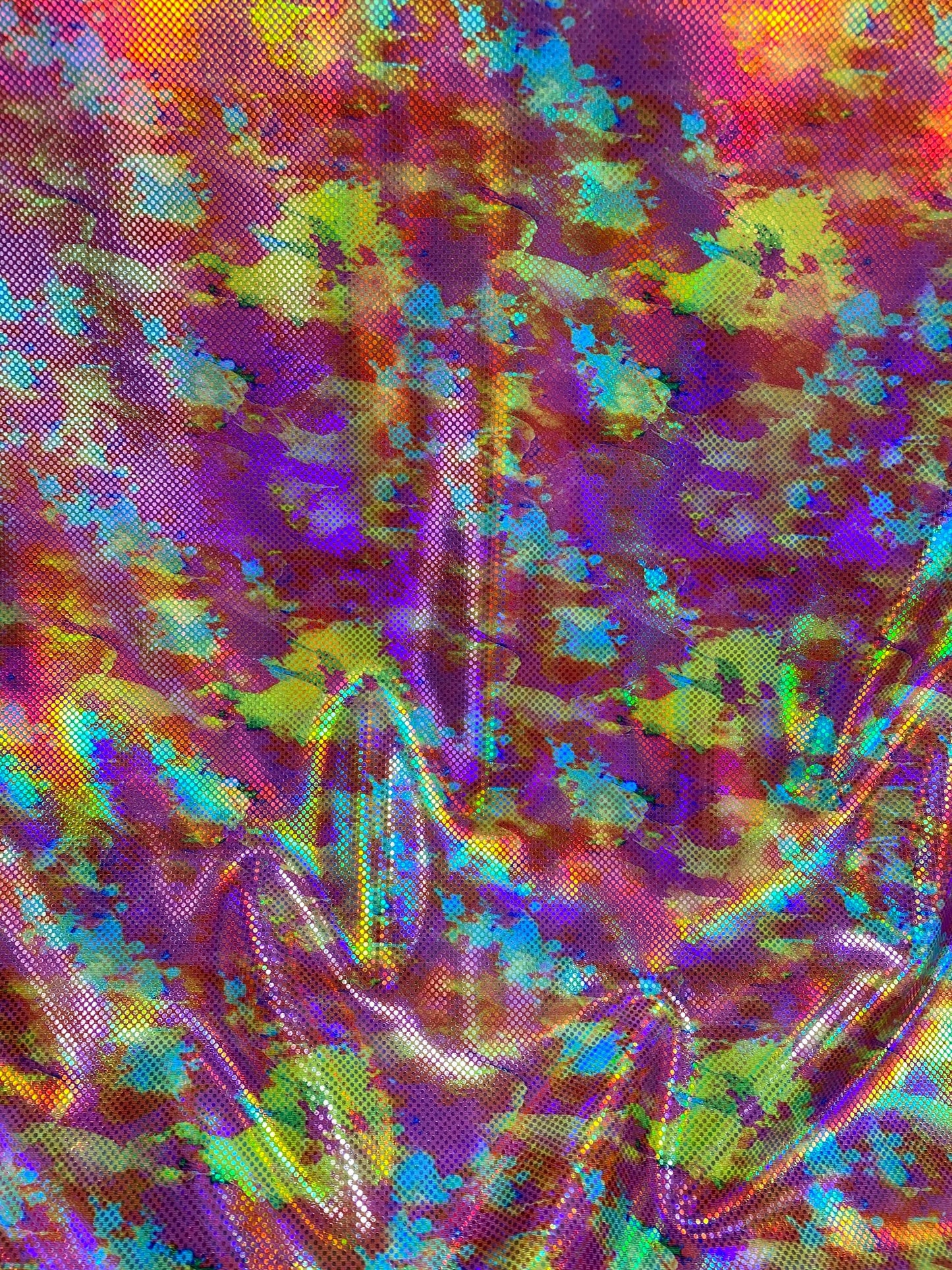 New modern abstract design yellow/pink/red digital foil print lacer hologram metallic nylon spandex 4-way stretch 58/60” Sold by the YD.