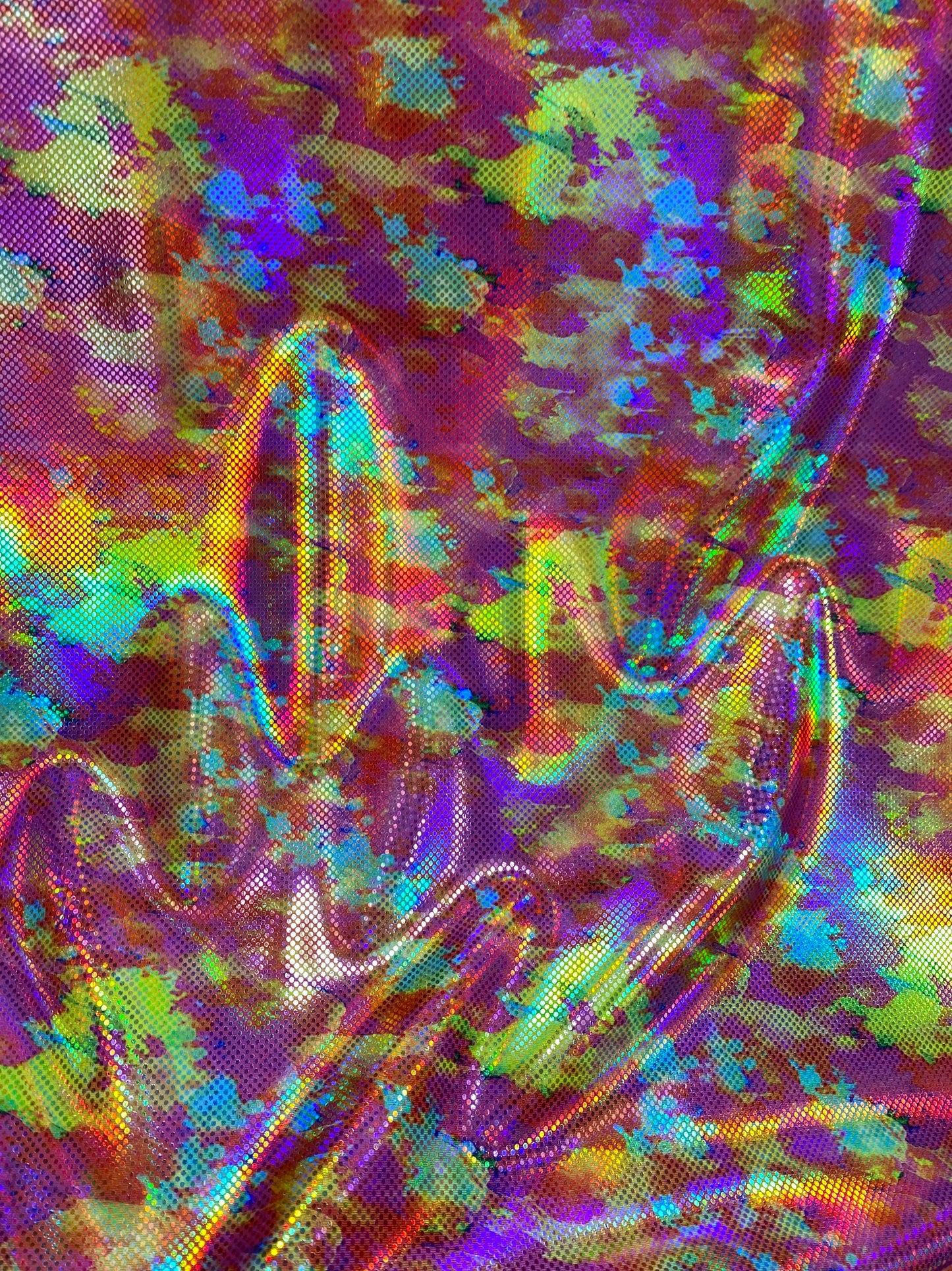 New modern abstract design yellow/pink/red digital foil print lacer hologram metallic nylon spandex 4-way stretch 58/60” Sold by the YD.
