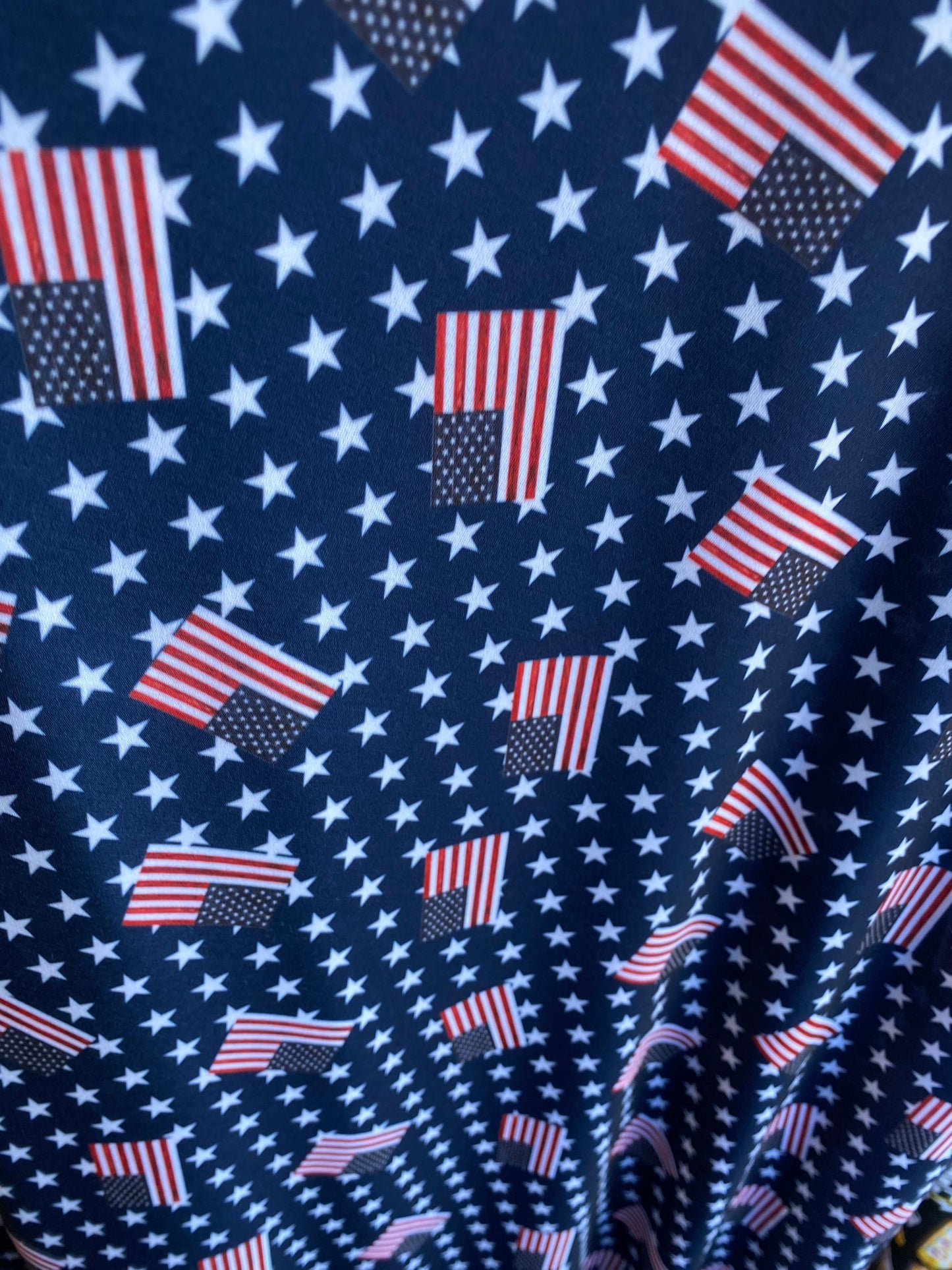 American flag design with freedom stars print on poly spandex light weight 4-way stretch 58/60” Sold by the YD. Ships worldwide from L.A CA