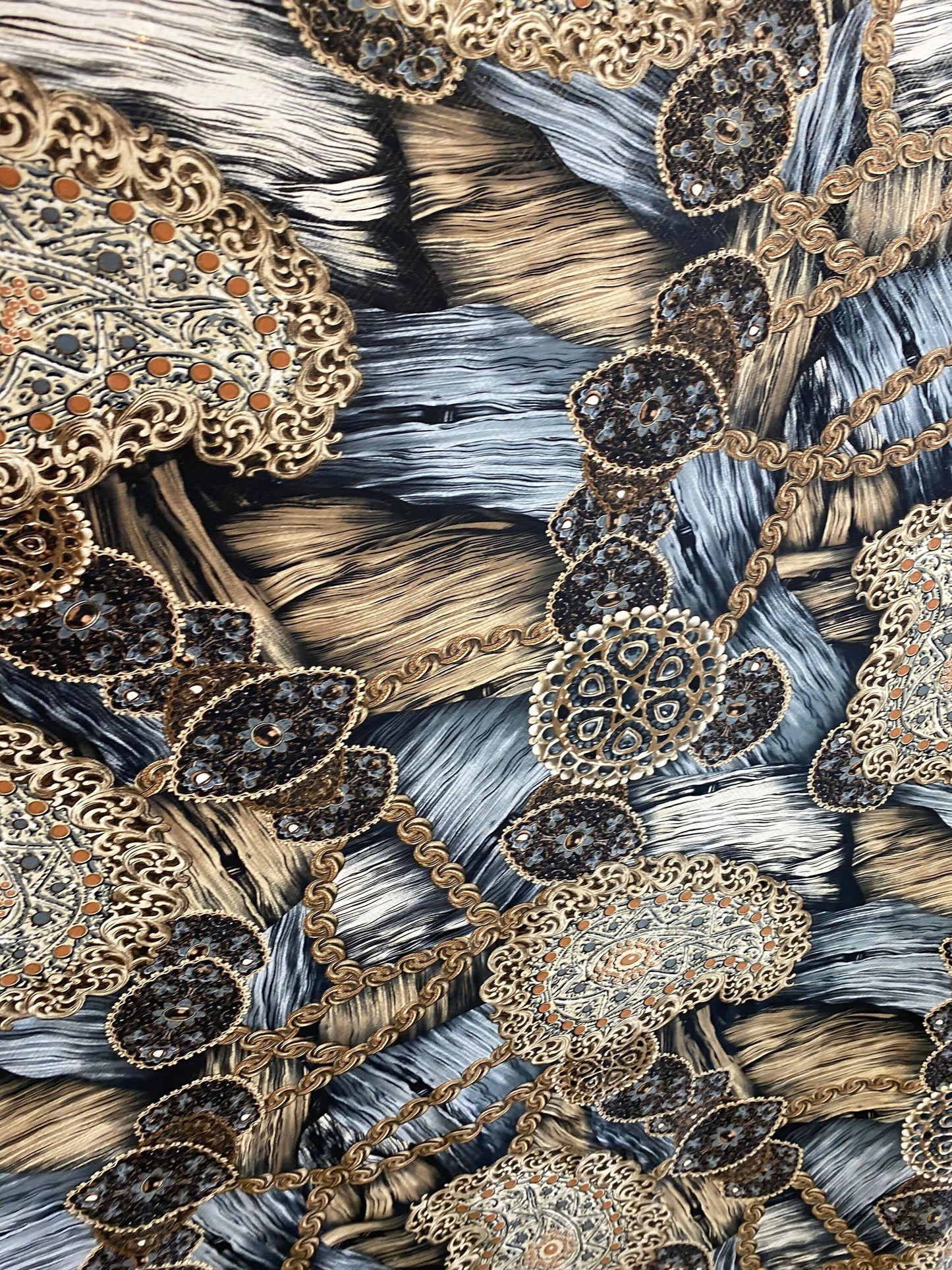 New paisley fashion design print on poly spandex 4-way stretch 58/60” Sold by the YD. Ships worldwide from Los Angeles California USA.