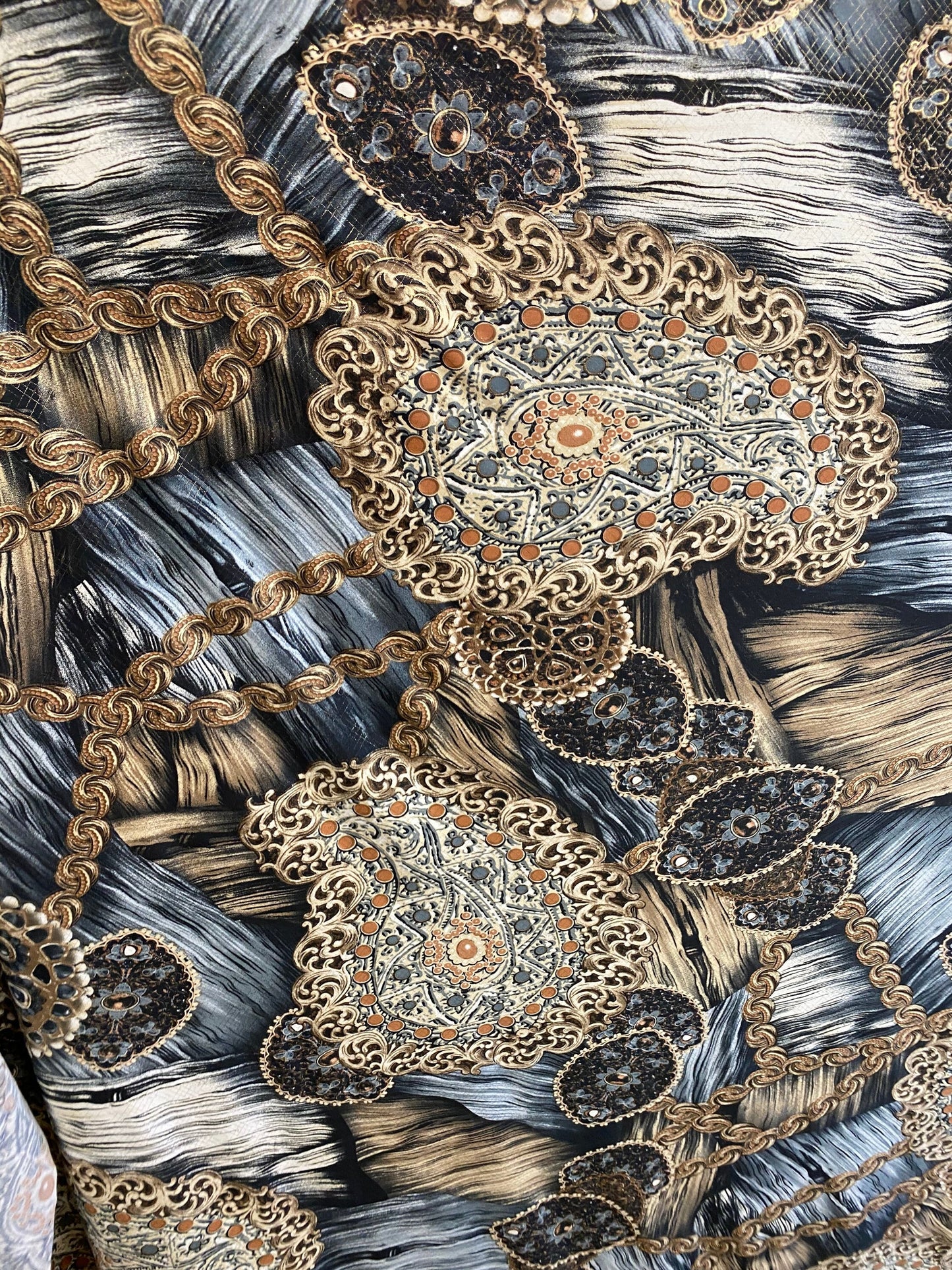 New paisley fashion design print on poly spandex 4-way stretch 58/60” Sold by the YD. Ships worldwide from Los Angeles California USA.