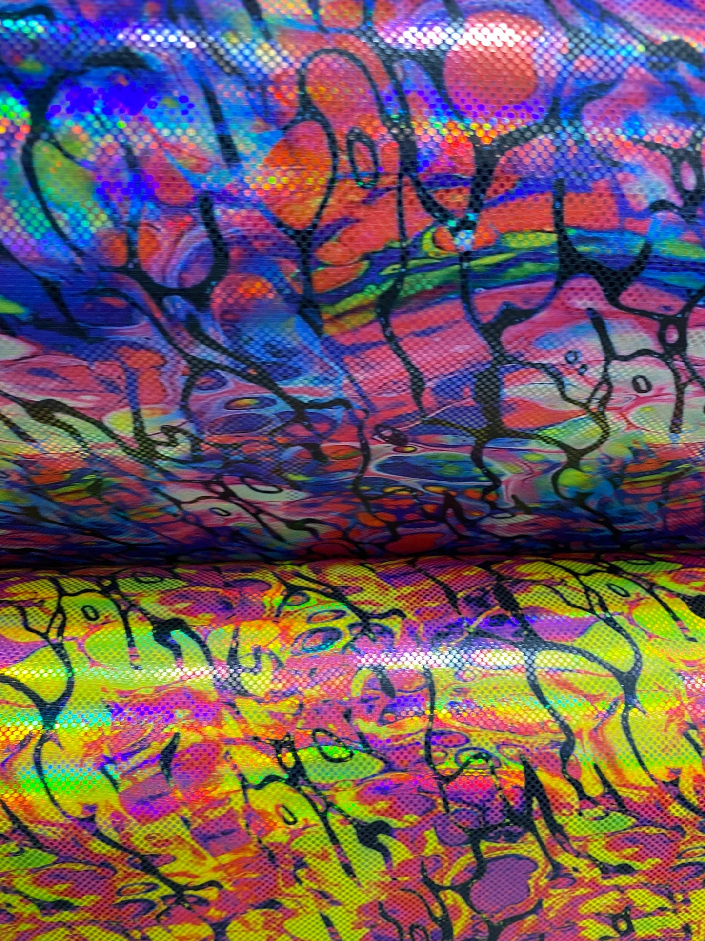 New splatter paint design abstract digital foil print metallic lacer hologram nylon spandex 4-way stretch 58/60” Sold by the YD.