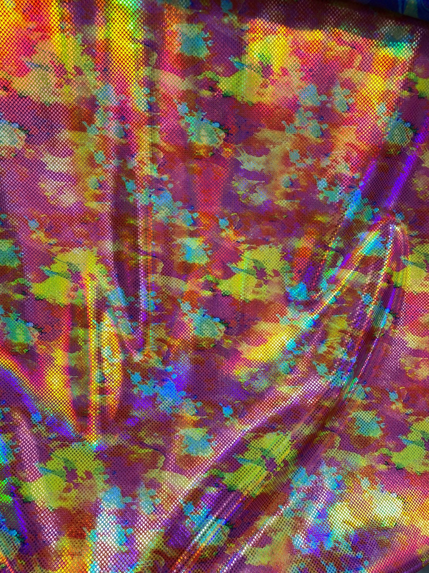 New modern abstract design yellow/pink/red digital foil print lacer hologram metallic nylon spandex 4-way stretch 58/60” Sold by the YD.