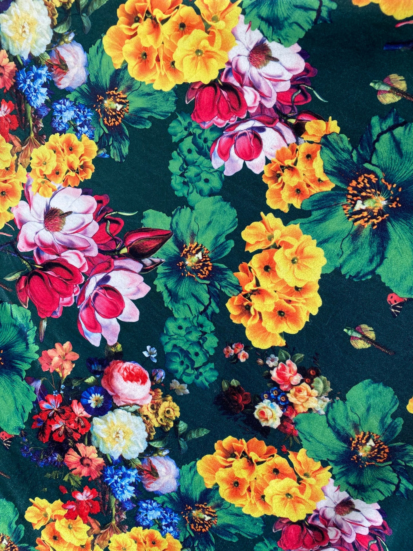 New Romantic multi flower design jade/multi print on stretch velvet 4-way 58/60” Sold by the YD. Ships Worldwide from Los Angeles California